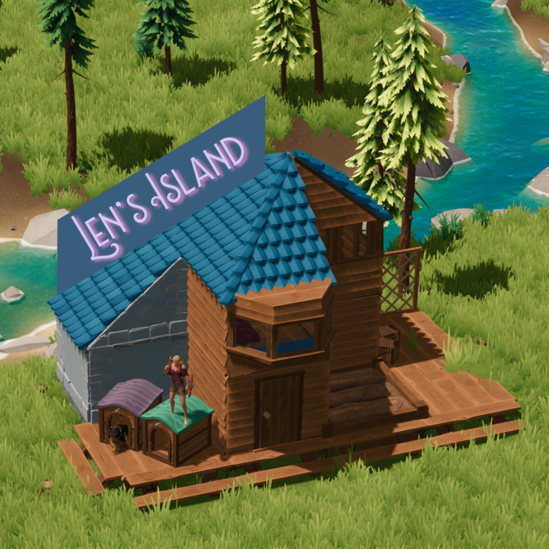A person with a red shirt stands on top of a dog house on the deck of a small wooden house.