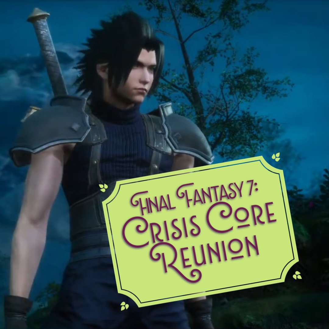 A soldier with shoulder pads, black spiky hair, and the hilt of a sword on his back is shown in front of a tree.