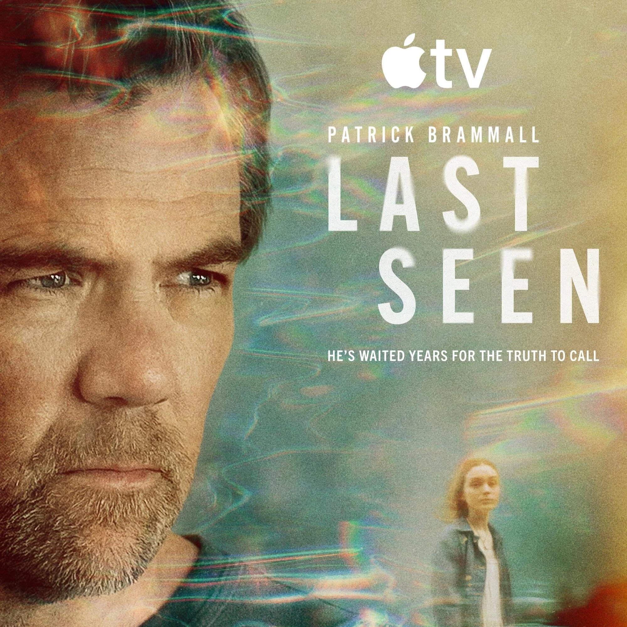 Close-up of a young man's face with green eyes and beard, with the Apple TV logo and text "Patrick Brammall" and "He’s waited years for the truth to call" over a colorful, distorted background.
