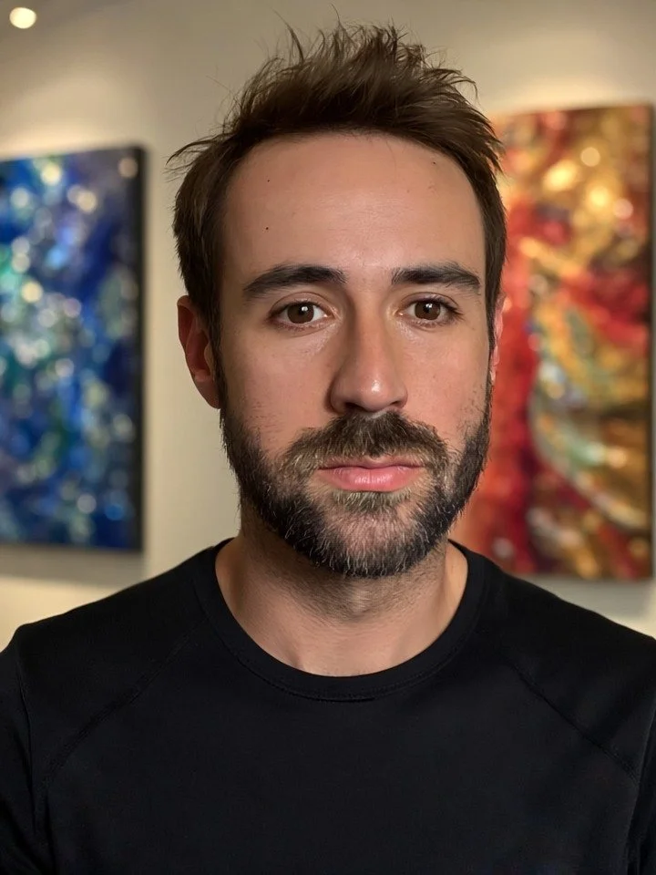 Retrato de um homem com barba e cabelo castanho claro, usando camiseta preta, em um ambiente com arte abstrata ao fundo.
