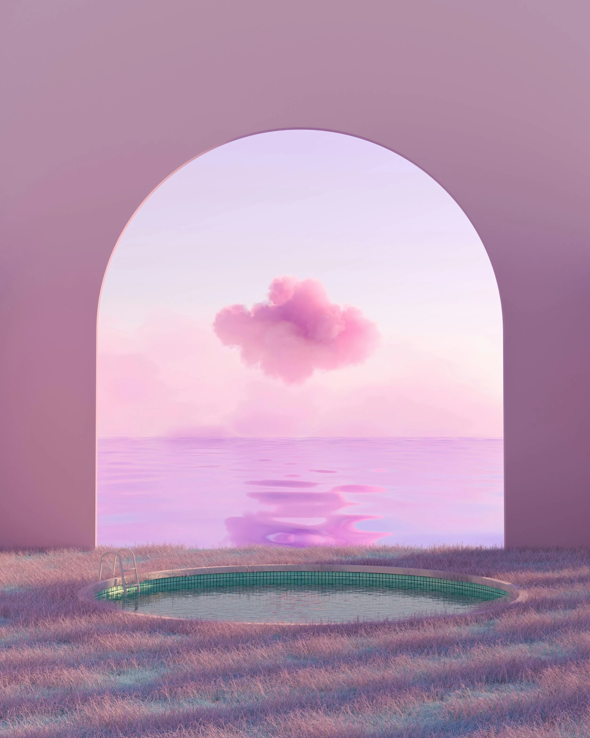 A surreal scene of an outdoor pool looking out through a large arched window, overlooking a pink cloud in a pastel-colored sky over a body of water, with soft purple and pink grass around the pool.