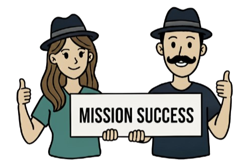 Two cartoon characters, a woman and a man, are holding a sign that says "MISSION SUCCESS" and giving thumbs up.