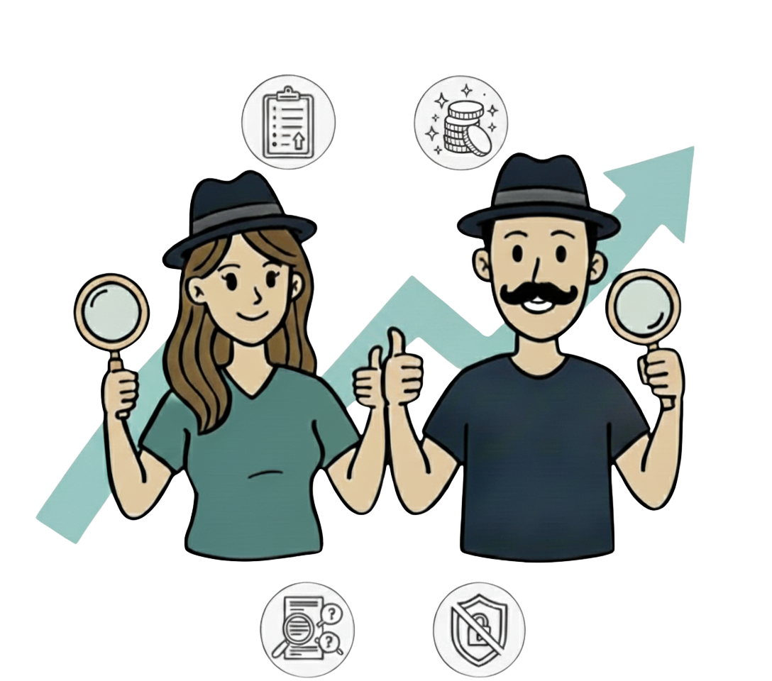 Cartoon man and woman wearing black hats, holding magnifying glasses, standing in front of a financial growth chart with upward arrow. Icons above their heads include a checklist, coins, a document with magnifying glass, and a shield with a checkmark.