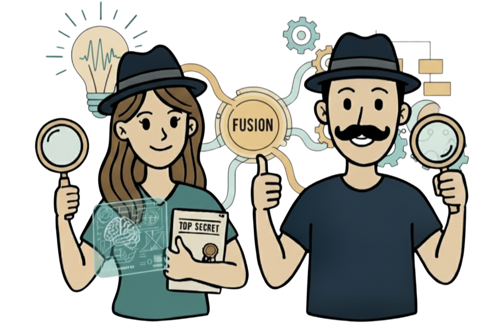 A cartoon illustration of a woman and a man holding magnifying glasses, wearing fedora hats, with a central gear labeled 'FUSION', surrounded by interconnected gears, a light bulb, and technical symbols, suggesting scientific or technological research and discovery.