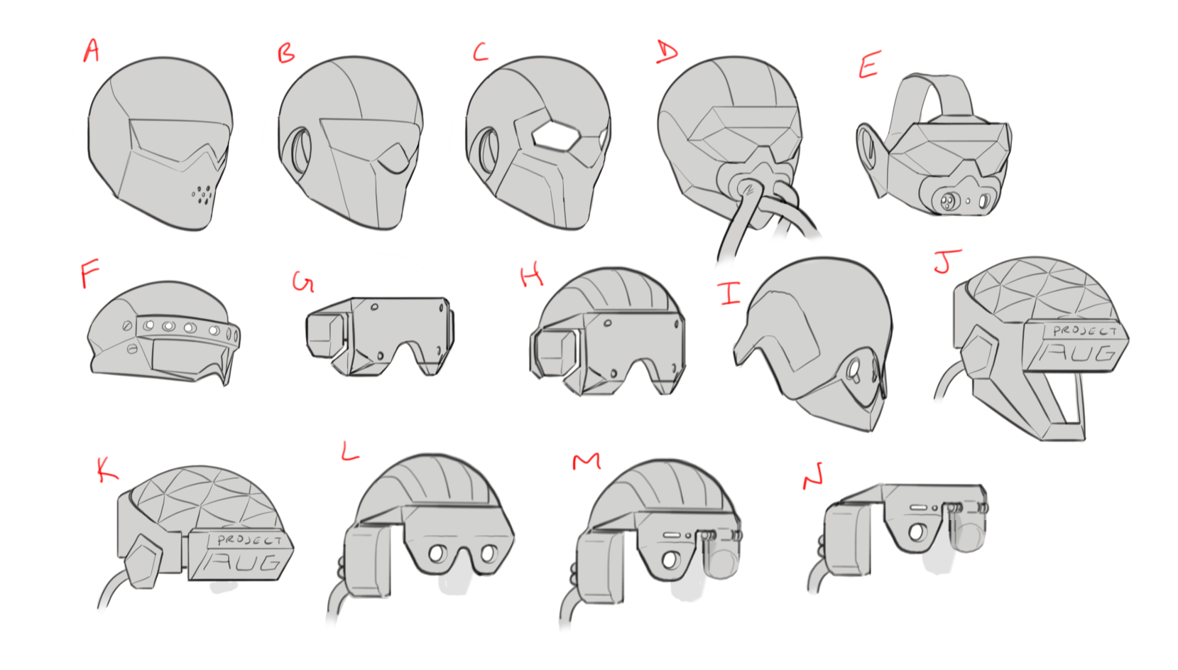 Collection of 14 schematic sketches of futuristic helmets and visors, each labeled with letters A through N, featuring various designs, shapes, and details
