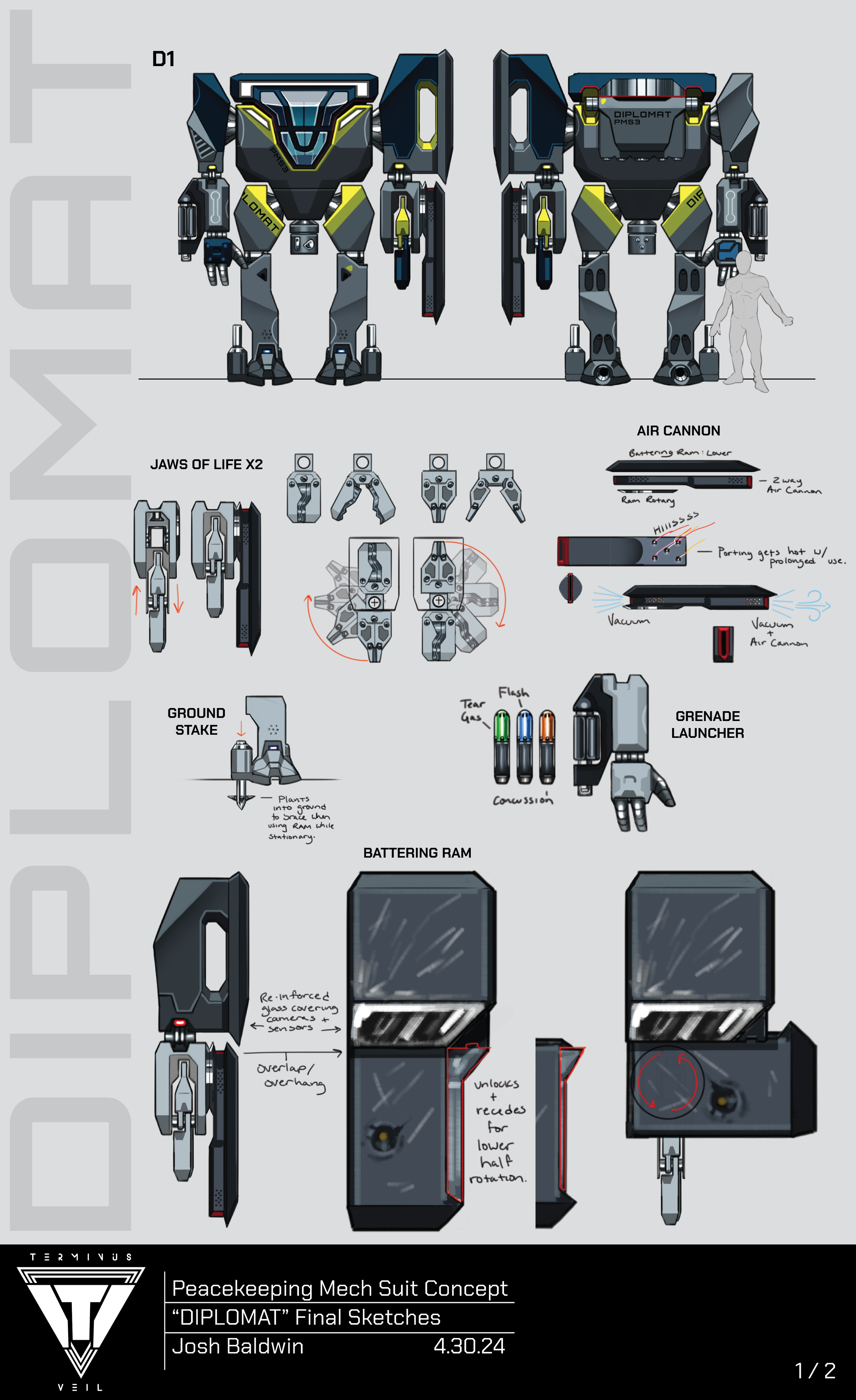 Concept art of a peacekeeping mech suit called 'Diplomat' with detailed sketches of its components, including armor, weaponry, and deployment features, with annotations explaining its features and design.