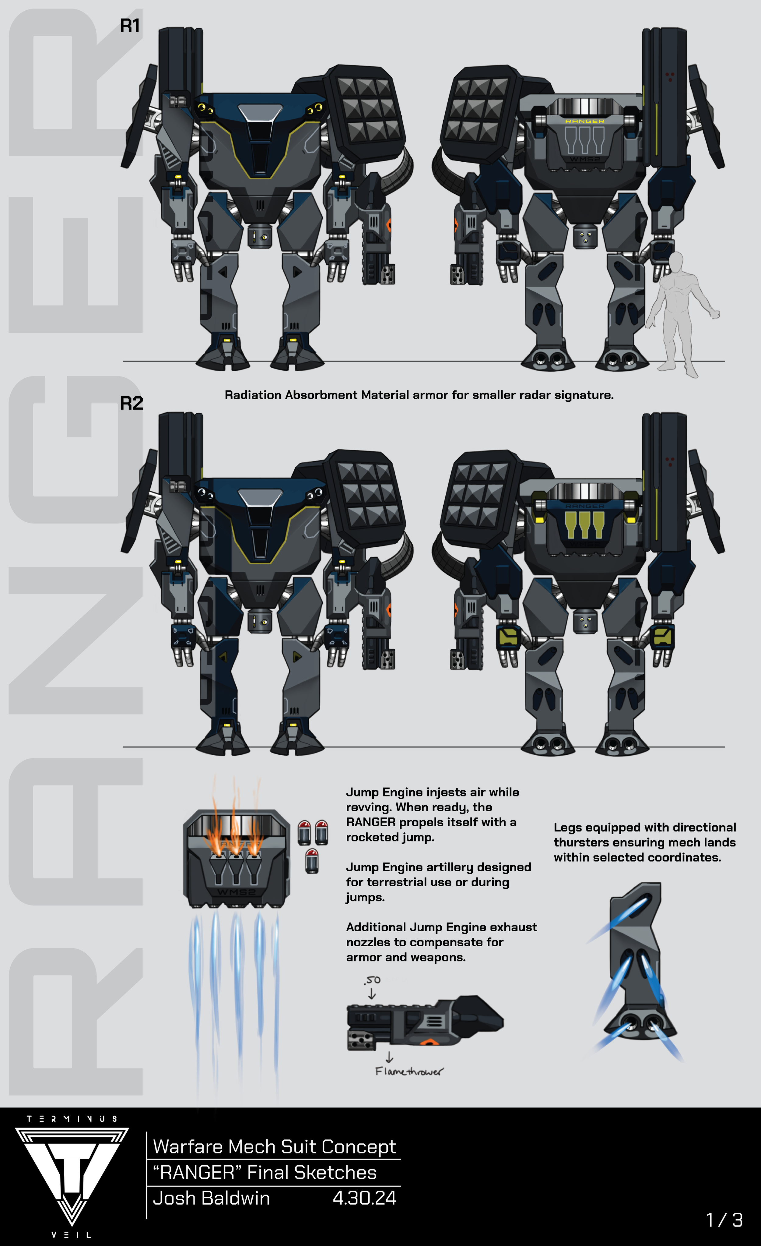 Concept art for a warrior mech suit named 'RANGER' showing front and back views, with detailed features such as armor, jump engine, and legs with directional thrusters. The image includes sketches, technical notes, and specifications by Josh Baldwin,