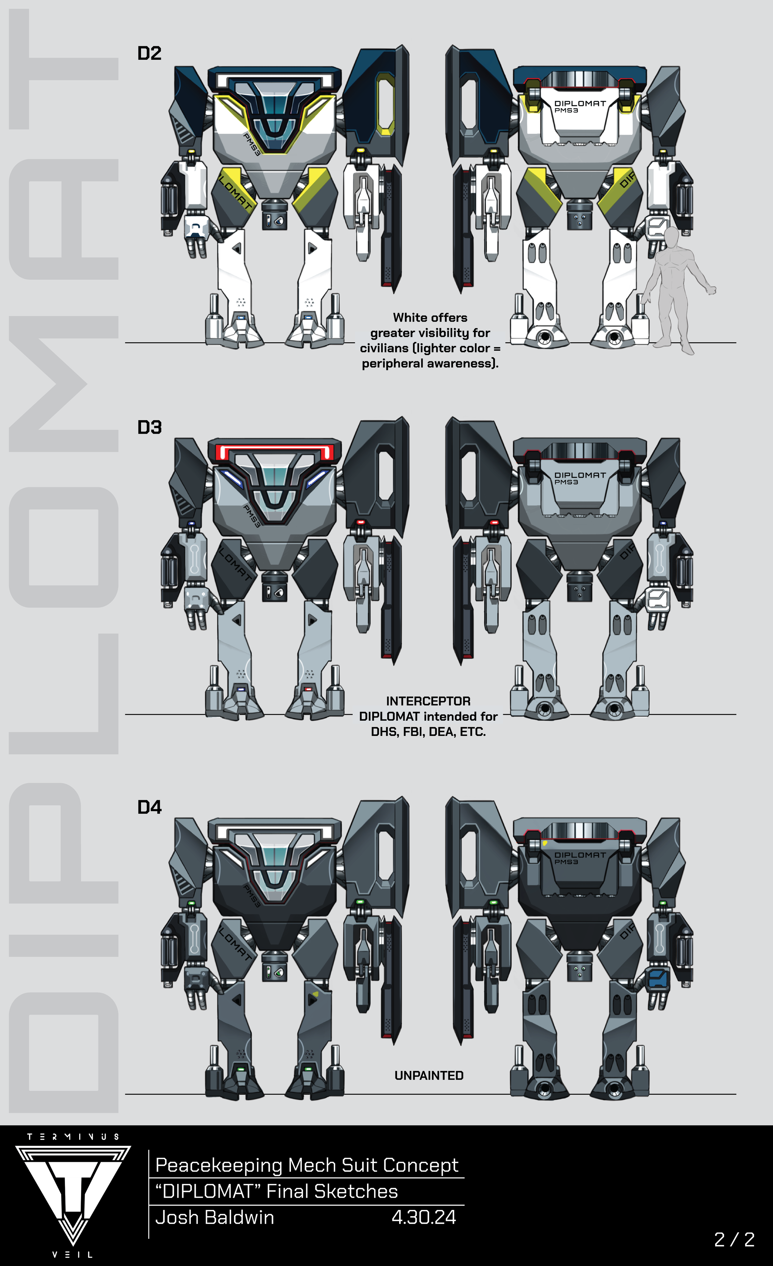 Design sketches of a robot suit called 'DIPLOMAT' highlighting different color schemes: white for visibility, stencil gray for government agencies, black for unpainted, and with a human silhouette for scale. The sketches include front and back views,