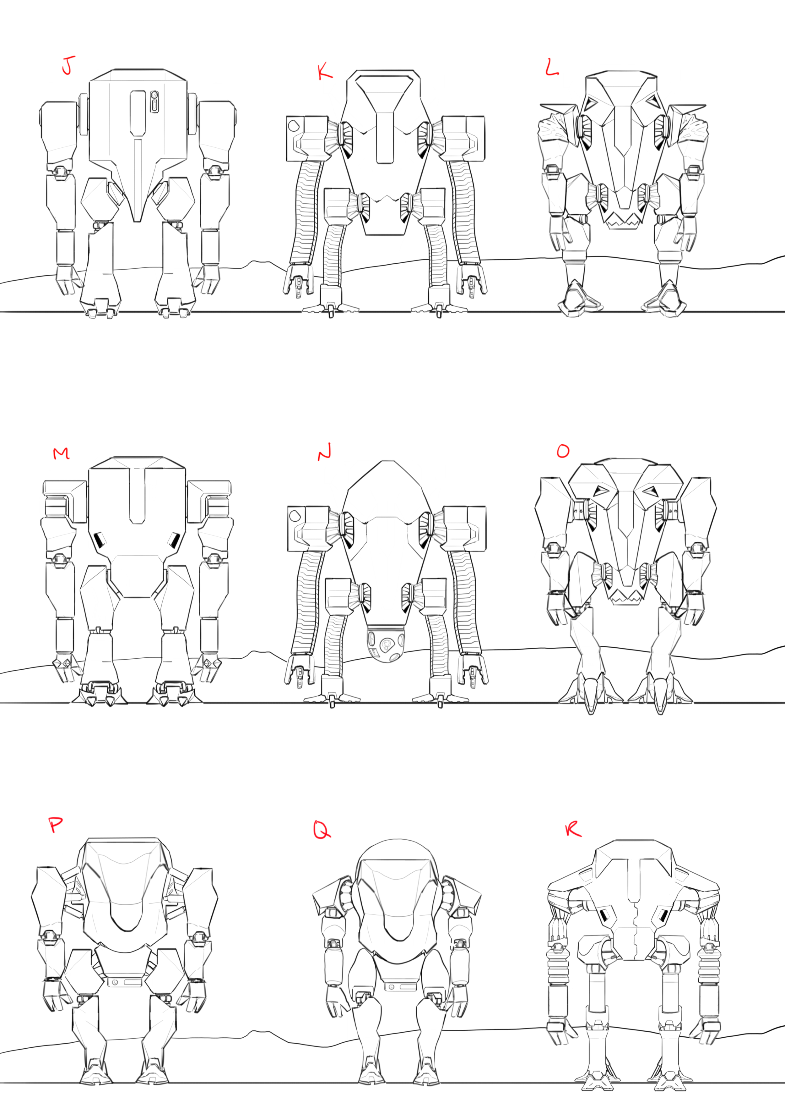Black and white line drawings of six different futuristic robot designs, labeled with red letters from J to R, arranged in three rows. Each robot has a unique shape and structure.