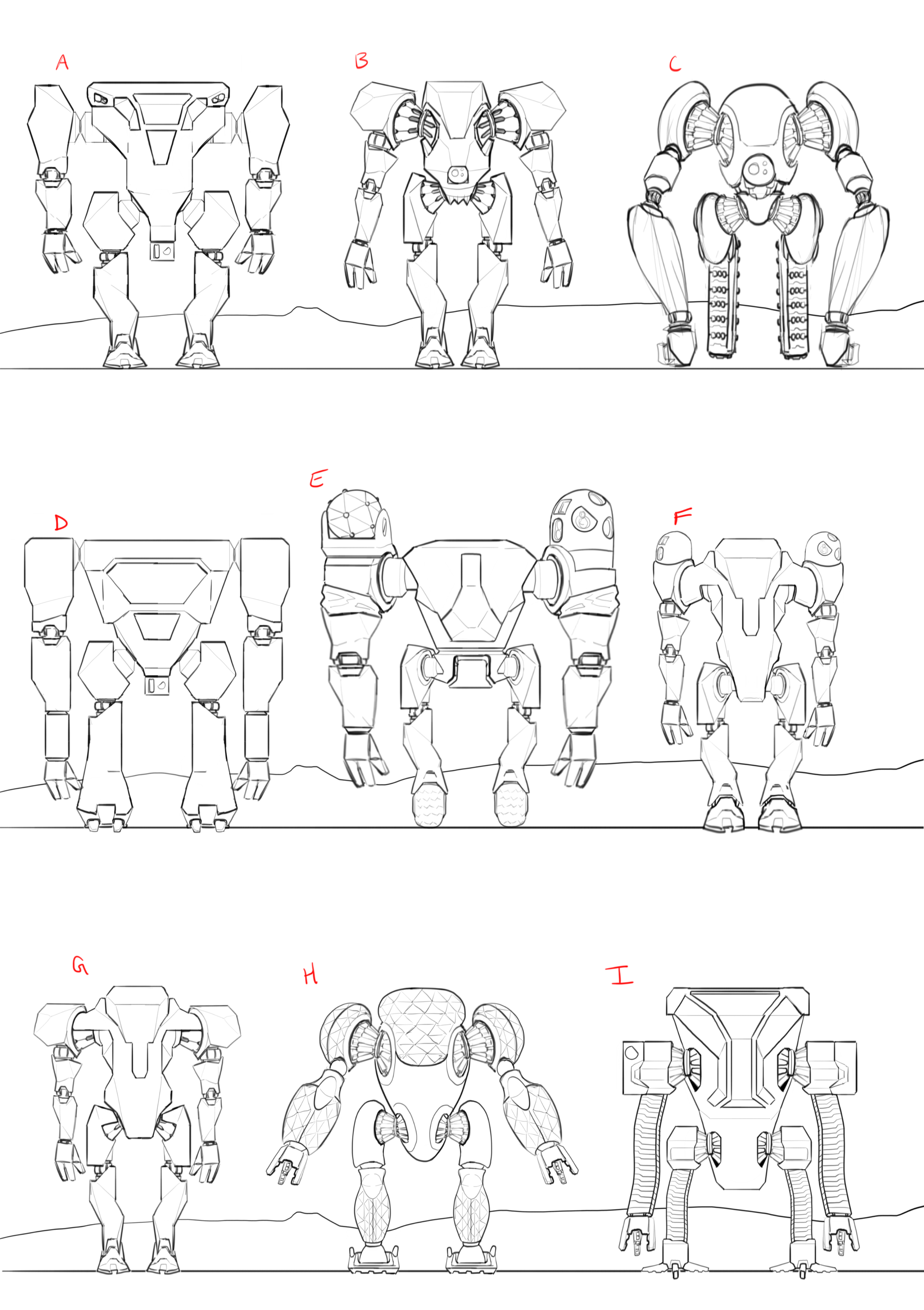 A sketch of various robotic characters with labels from A to I, showcasing different designs and structures.