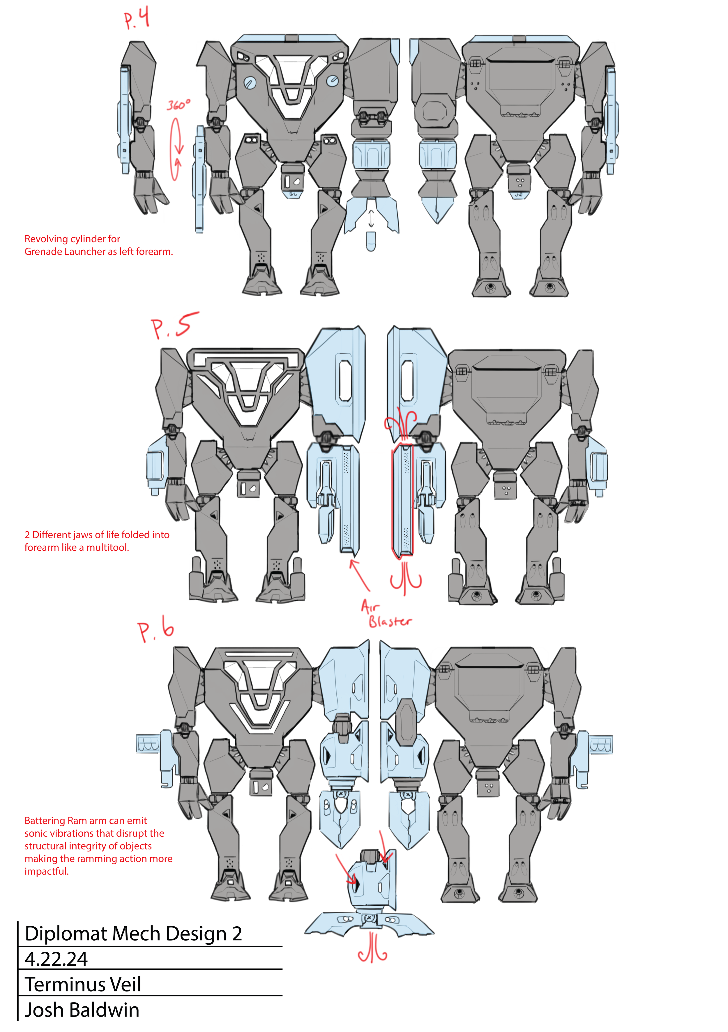 Technical drawing of a mecha robot named Diplomat Mech Design 2, dated 4.22.24. The diagram shows front and back views with annotations in red, describing features such as a revolving cylinder for a grenade launcher, dual jaws for a multitool, an air