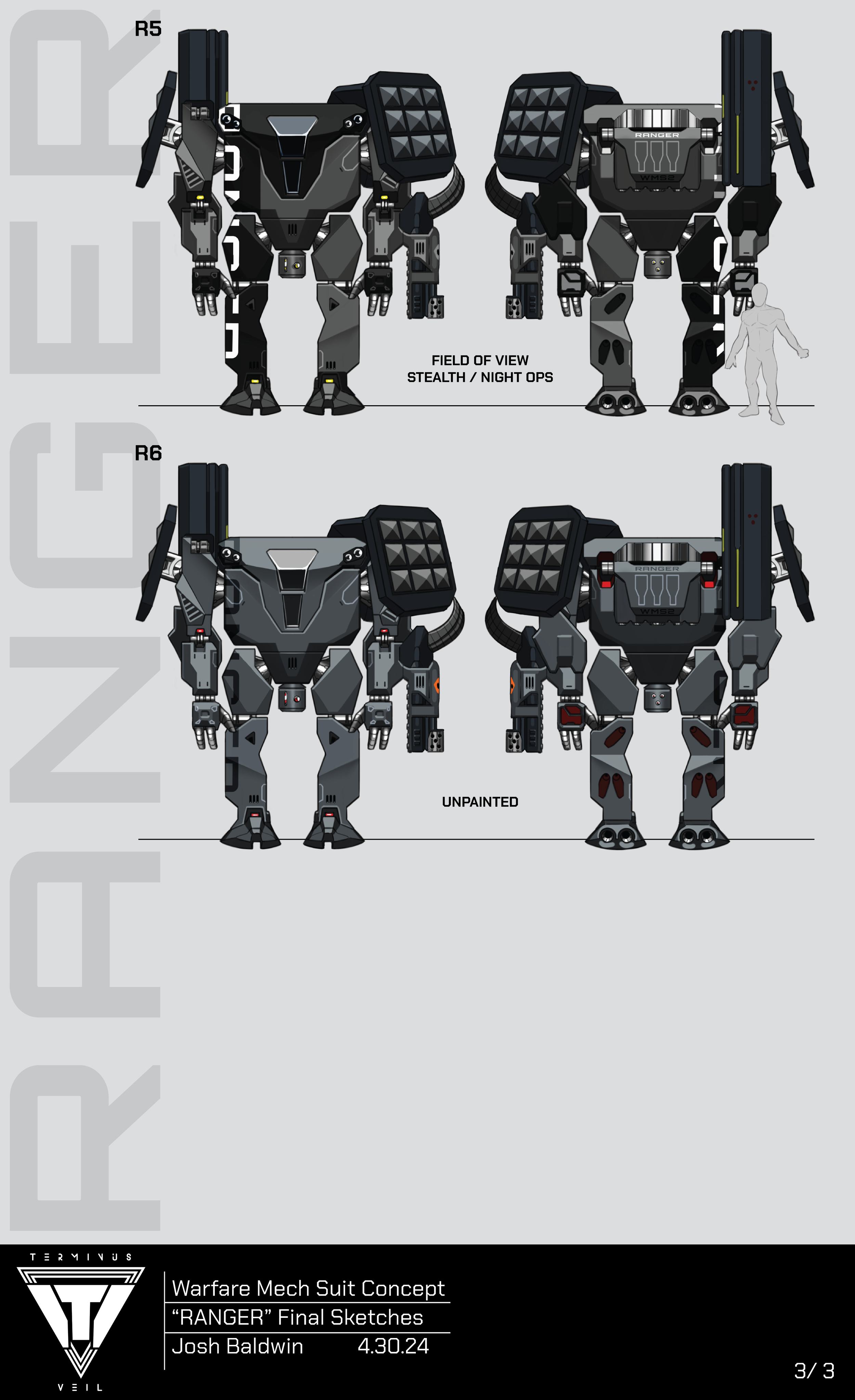 Concept art of a futuristic combat mech suit, named 'RANGER,' in two versions: one with a painted design and one unpainted. The suits are large, humanoid robots with armored plating, large shoulder panels, and heavy-duty limbs. A human figure provide