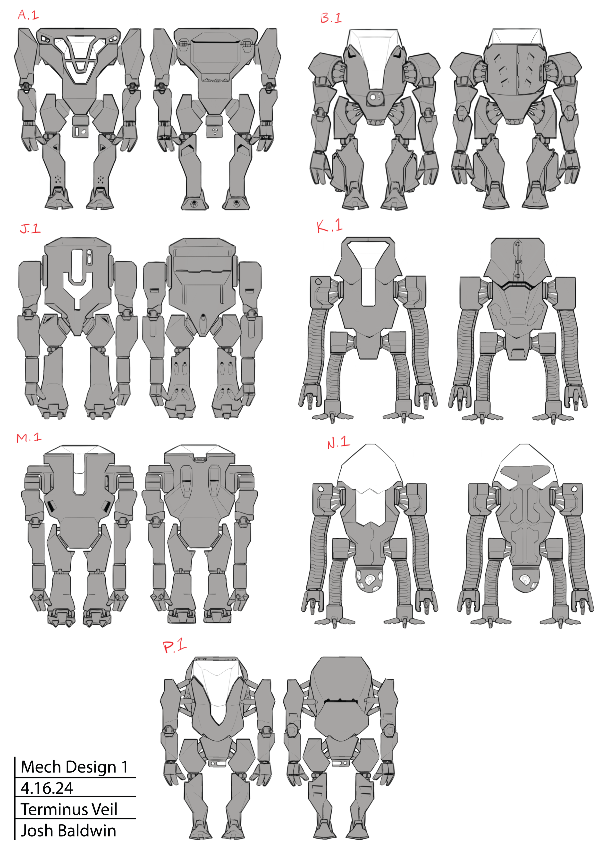 Technical drawings of a mech robot design showing various views and labels, with a title and date, created by Josh Baldwin.
