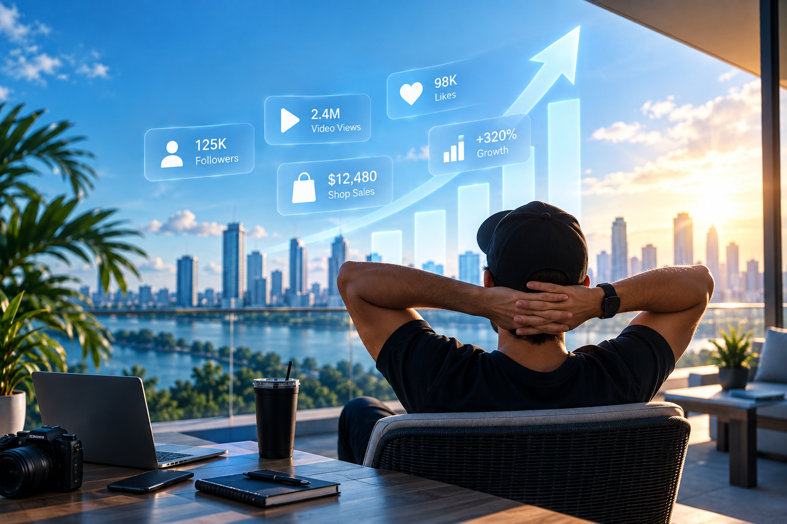 Person sitting at a desk with a laptop and camera, looking at a city skyline with digital social media analytics and growth charts overlayed.