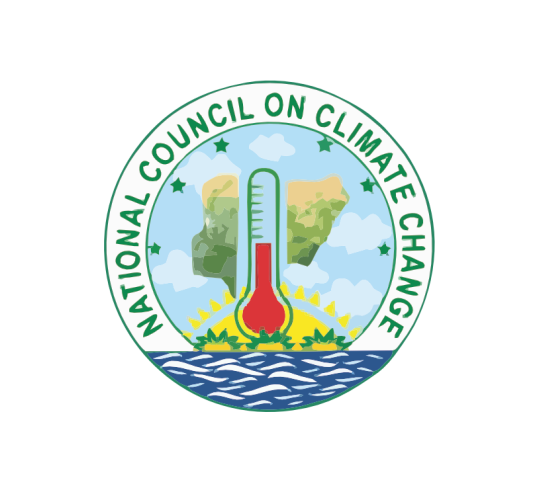 Logo of the National Council on Climate Change featuring a thermometer, map, water, and sun elements.