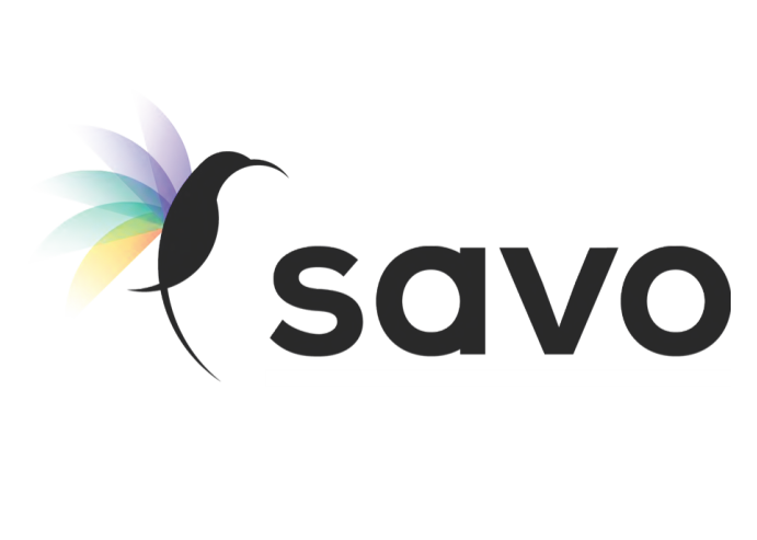 Logo featuring a black stylized hummingbird with colorful wings next to the word 'savo' in bold black letters.