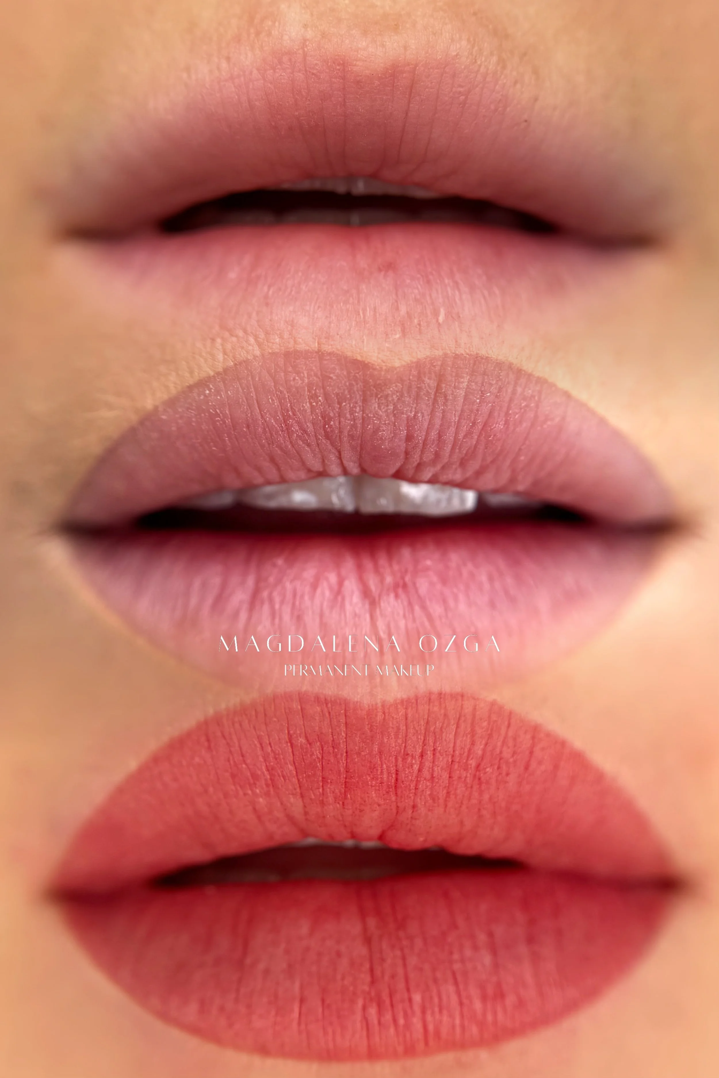 Close-up image of lips showing different shades of lipstick in three layers.