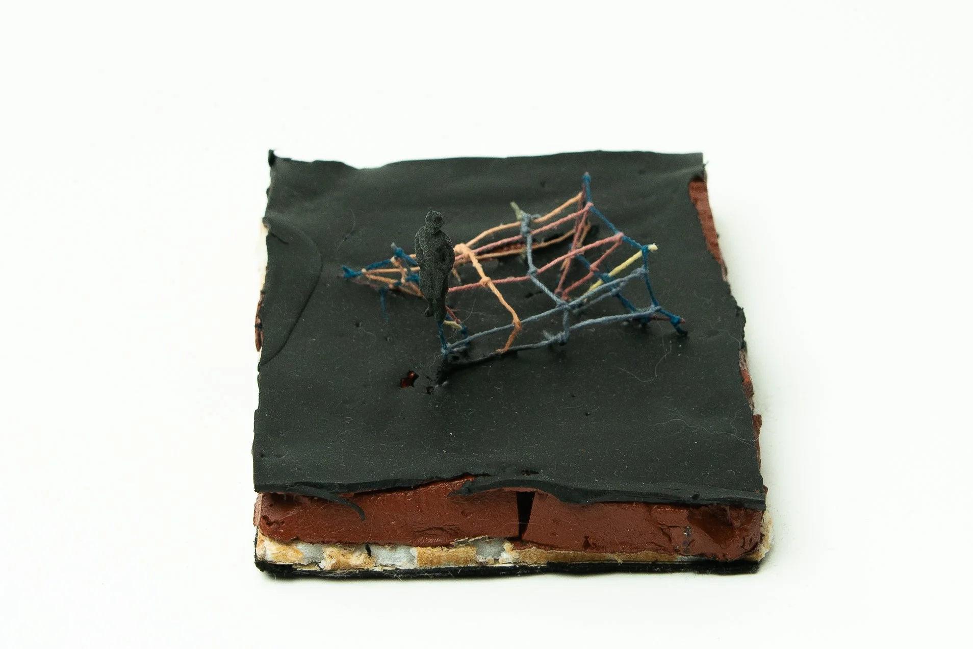 Submersion 2 • Embroidery floss, screen printing ink, wood frame • 4 3/4 x 3 3/4 x 2 in • 2022