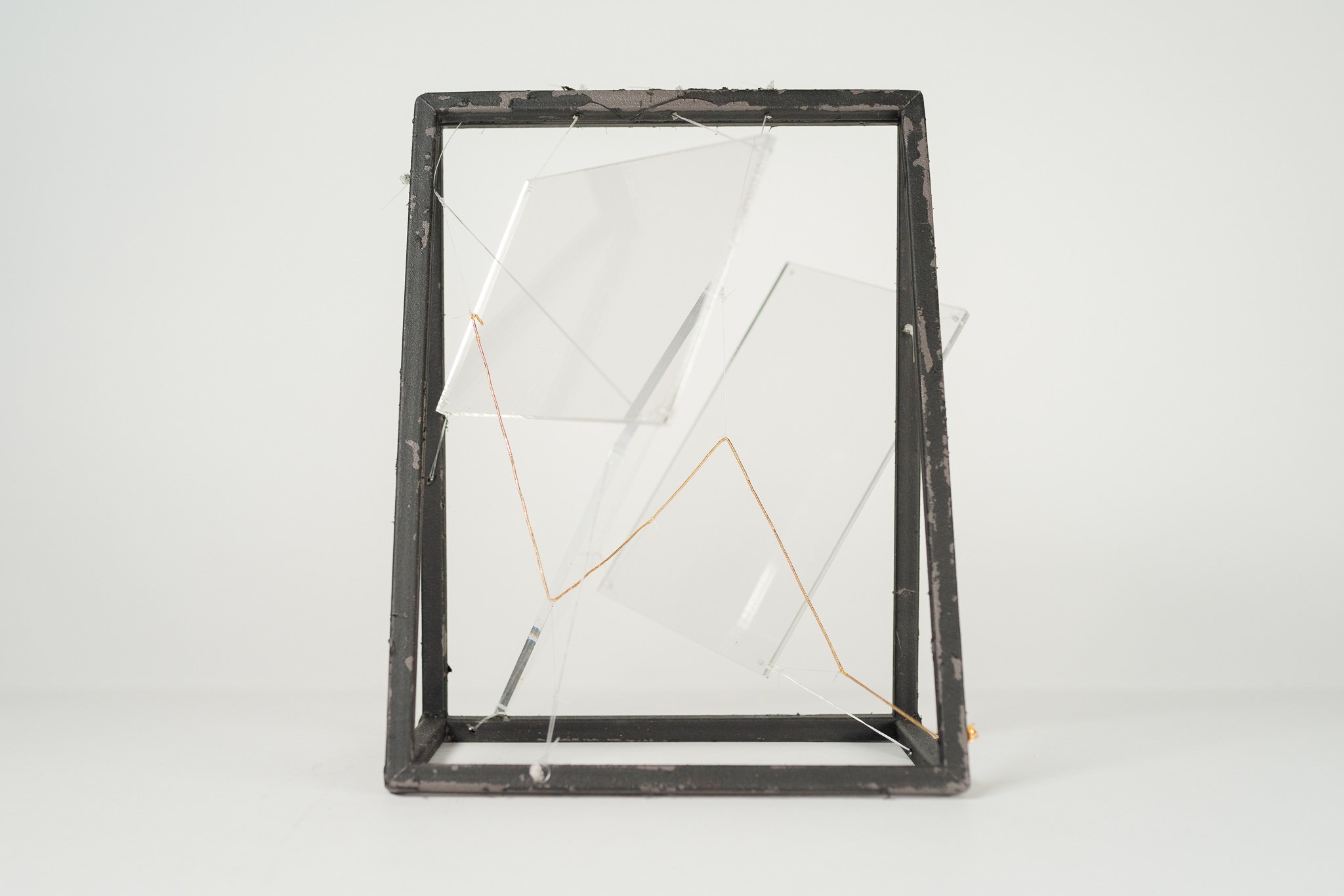 Unobstructed Path • Acrylic sheets, embroidery floss, clear cord, metal frame • 6 x 7 x 8 in • 2021