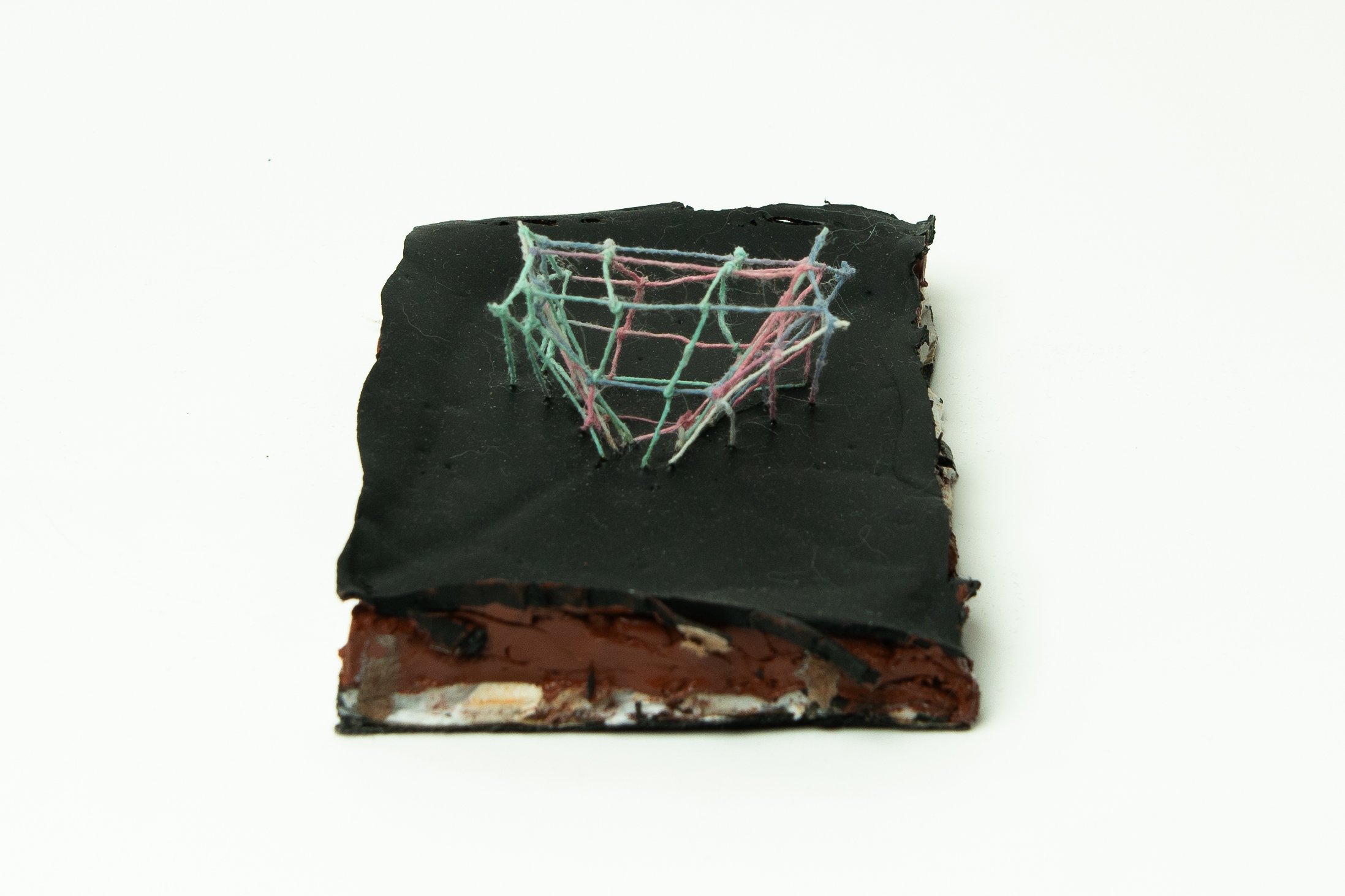 Submersion 6 • Embroidery floss, screen printing ink, wood frame • 4 3/4 x 3 3/4 x 1 2/3 in • 2022