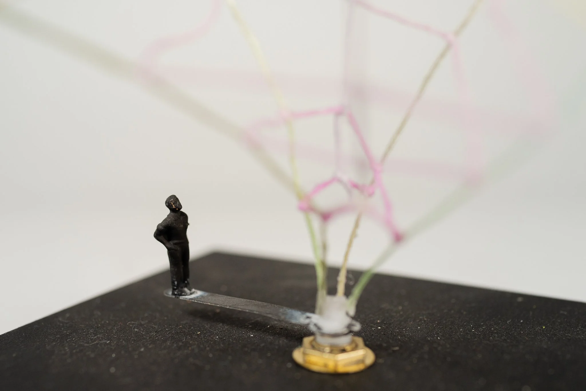 A Chosen Path • Embroidery floss, clock mechanism, miniature figurine, wood base • 4 x 4 x 6.5 in • 2021