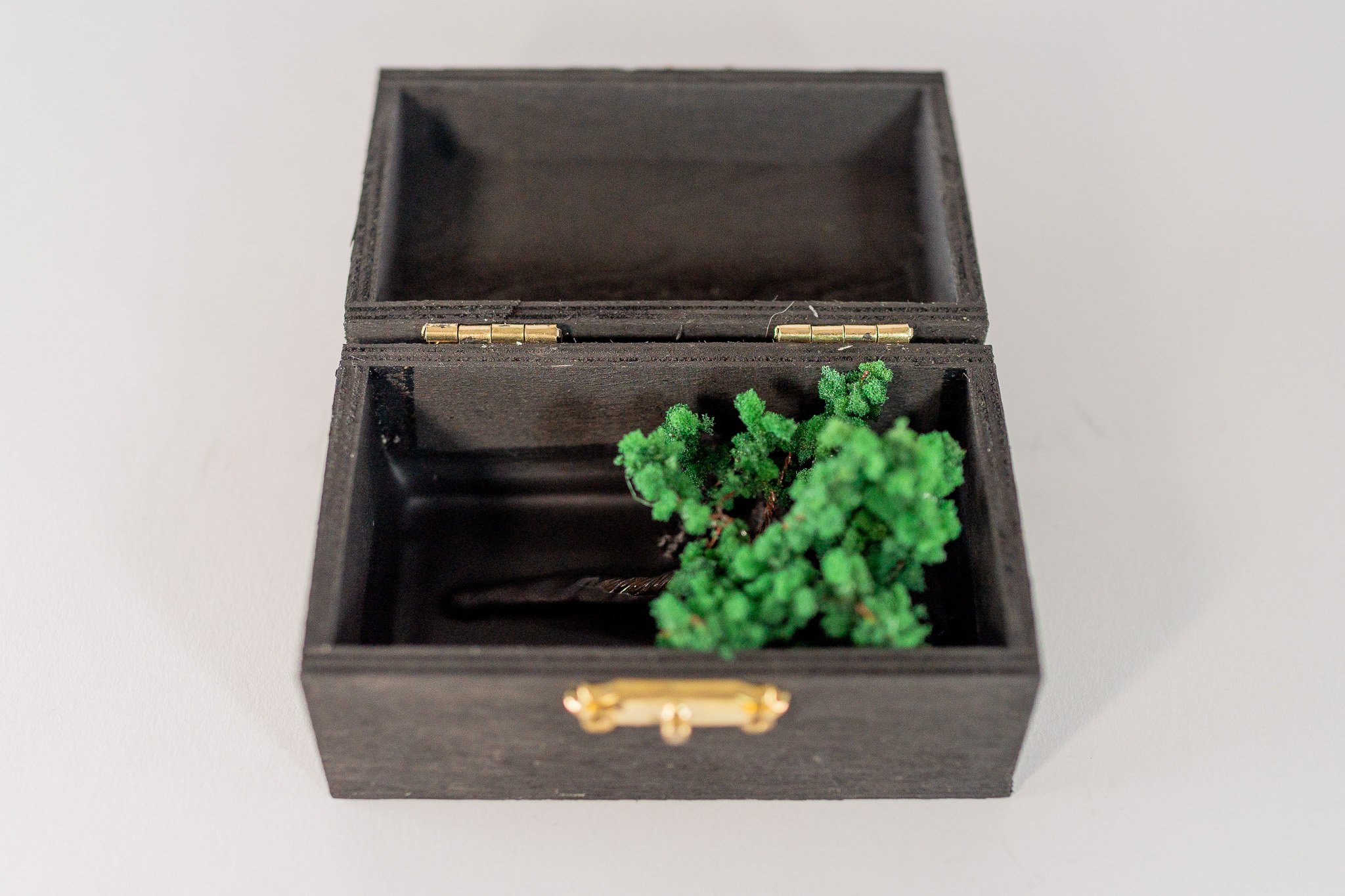 Small Treasures 2 • Embroidery floss, model tree, paint, wooden chest • 3 5/8 x 2 1/8 x 1 7/8 in • 2022