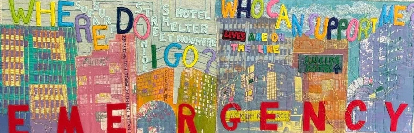 A colourful appliquéd screen print tapestry adressing the housing crisis. The word 'emergency' is appliquéd along the bottom of this piece.