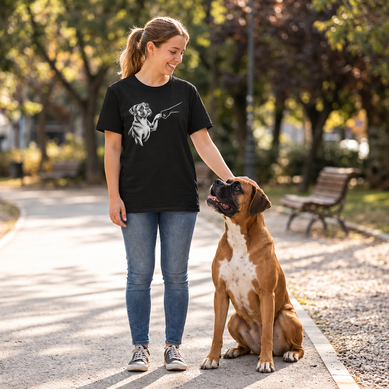 Woman with Boxer graphic tee.png