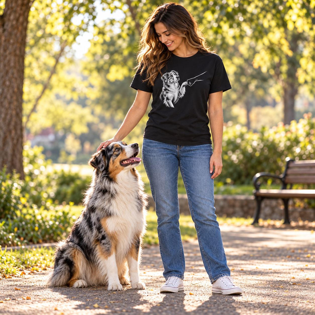 Australian Shepherd T-Shirt in Sunlit Park.png