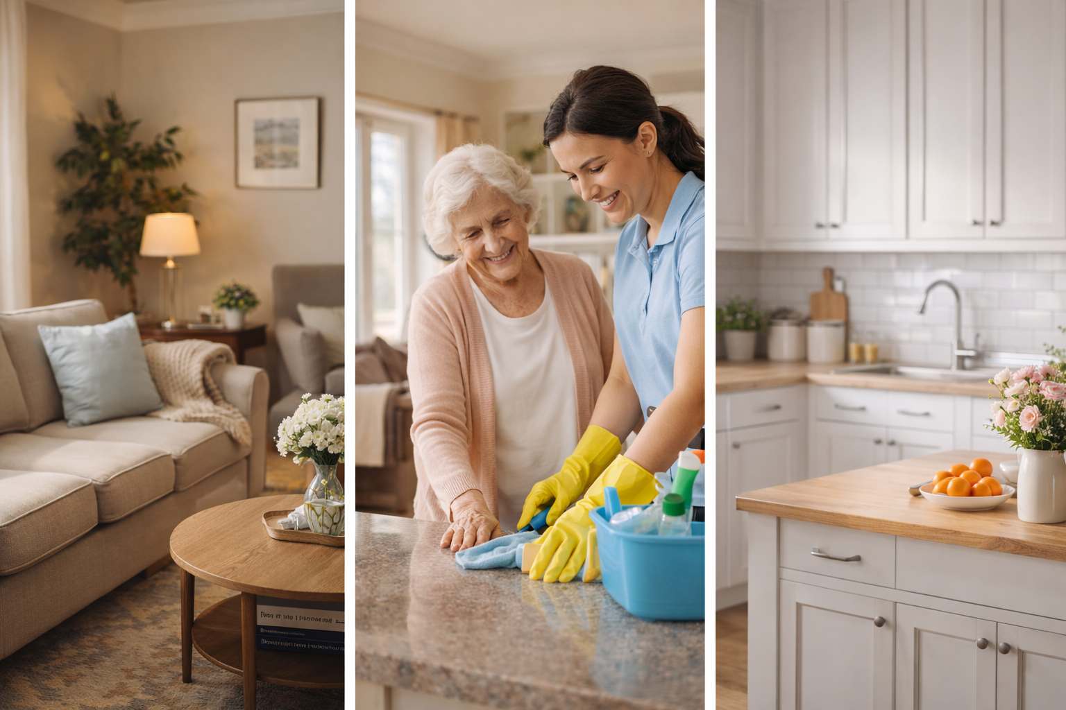 Collage of three images: a cozy living room with a beige sofa, pillows, a houseplant, and a lamp; a woman cleaning with an elderly woman in a bright kitchen; and a clean kitchen counter with a bowl of oranges and a flower vase.