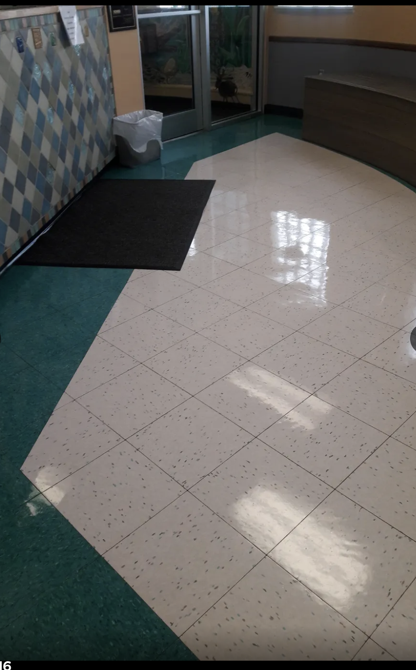 Empty hospital or clinic reception area with tiled beige and green flooring, a black doormat, a trash can, and a glass door with windows.