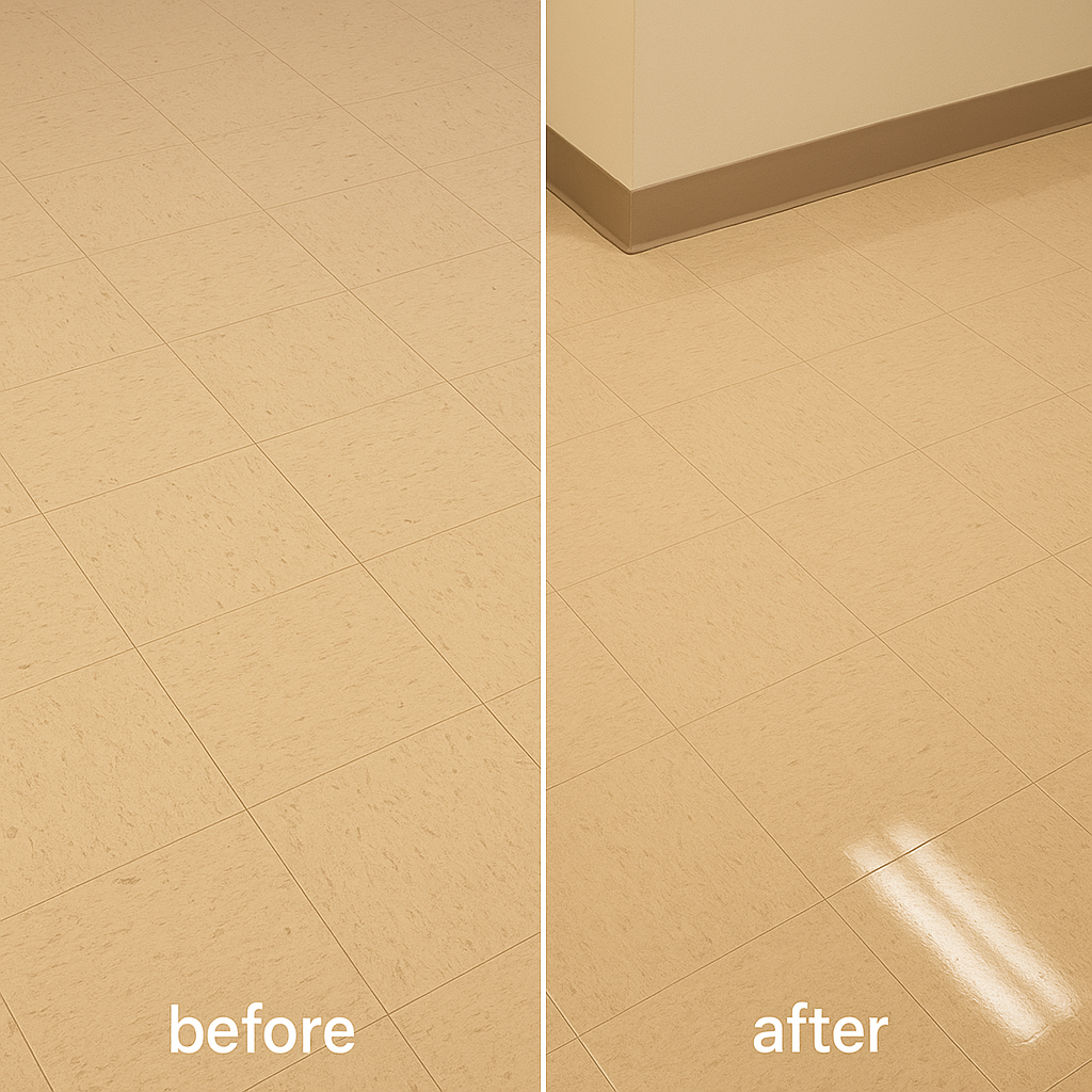 Comparison of tiled floors, before and after cleaning or polishing. The "before" side shows dull, matte tiles, while the "after" side shows shiny, reflective tiles.