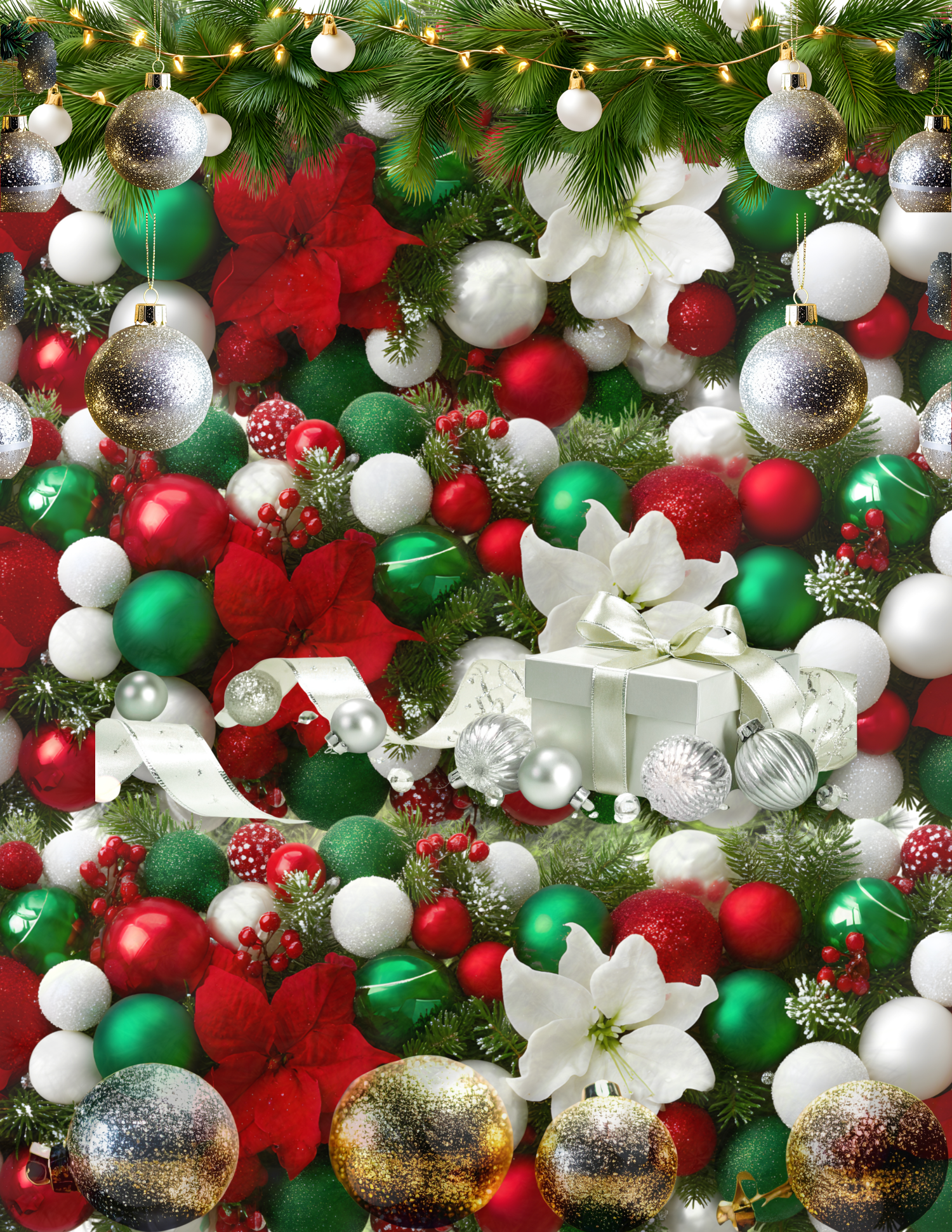 Decorated Christmas tree with red, green, and white ornaments, poinsettias, Christmas lights, a small white gift box, and silver and gold baubles.