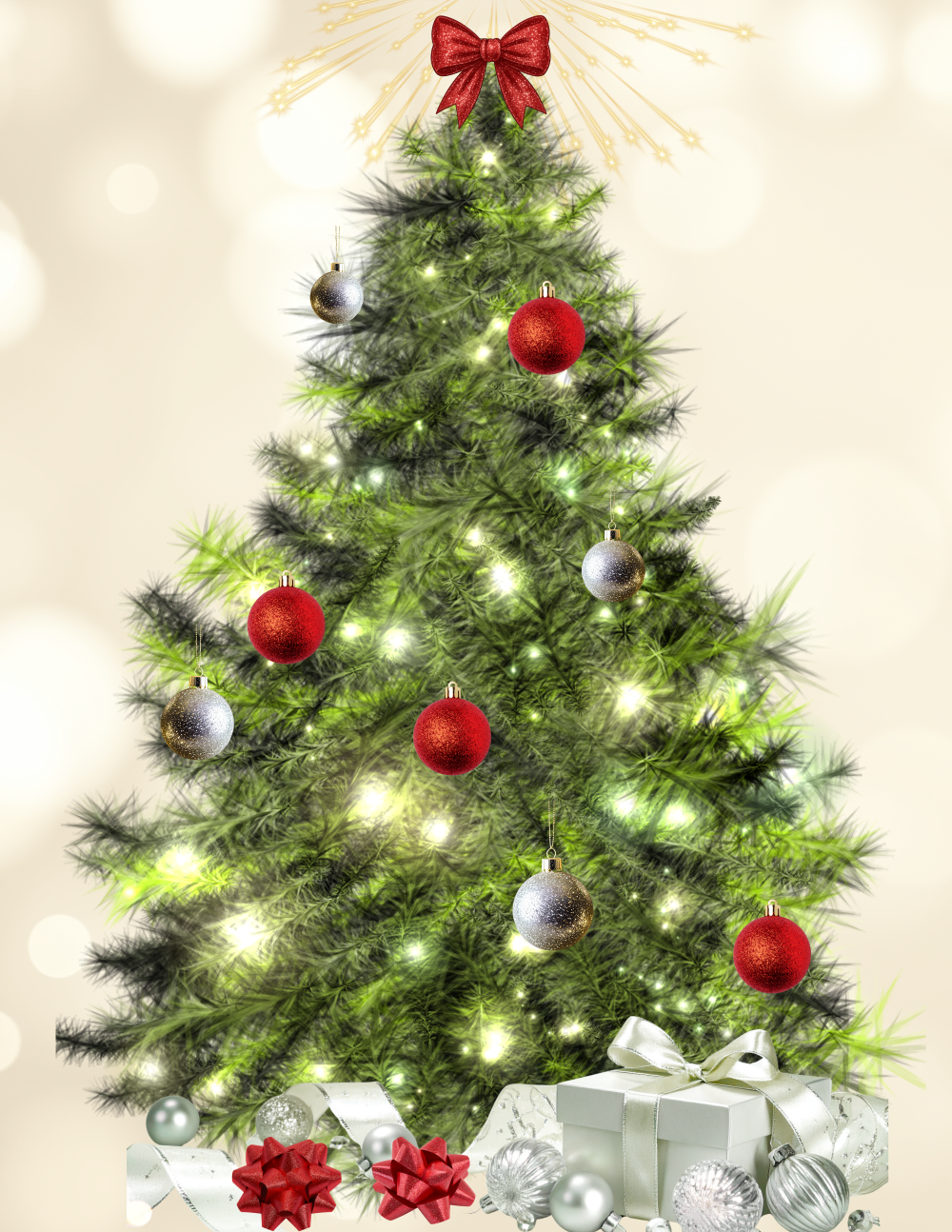 Decorated Christmas tree with red and silver ornaments, lights, a red bow on top, and wrapped presents underneath.