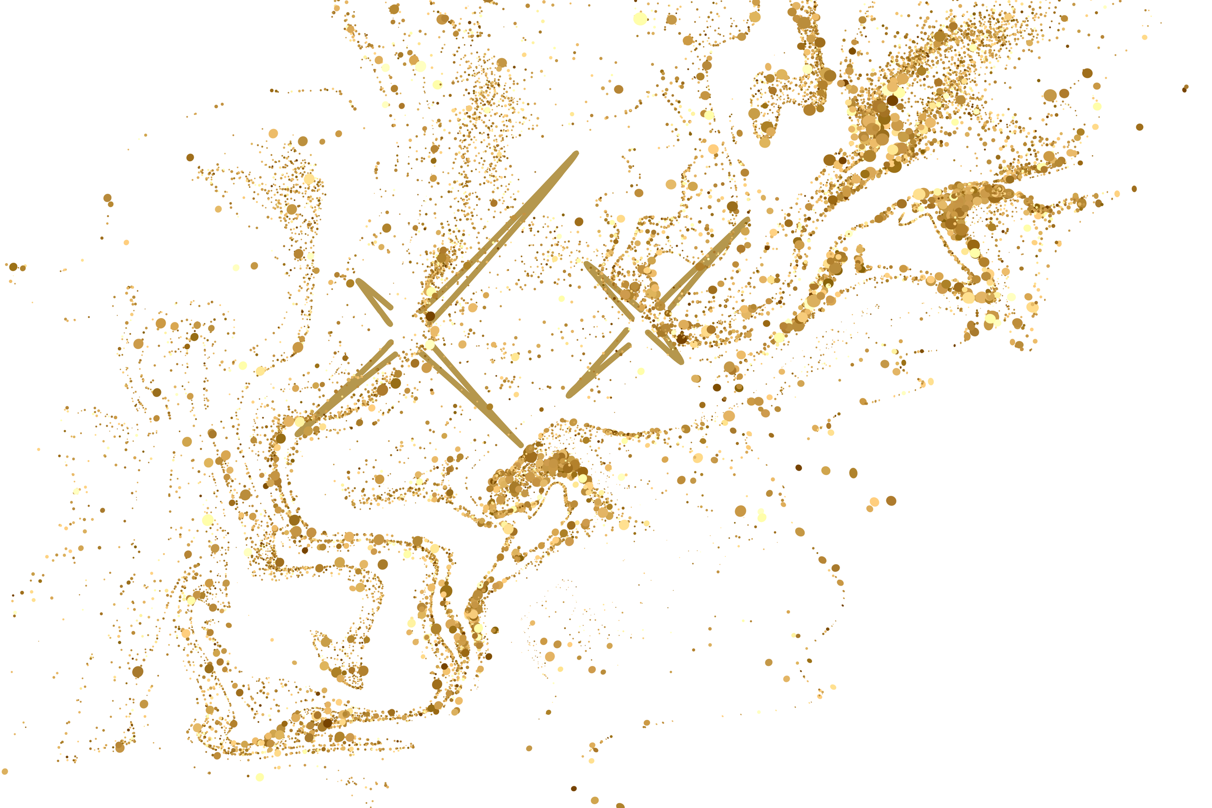 A stylized line drawing of a human face in profile, created with gold and beige dots and splashes, with several intersecting golden lines across the face.