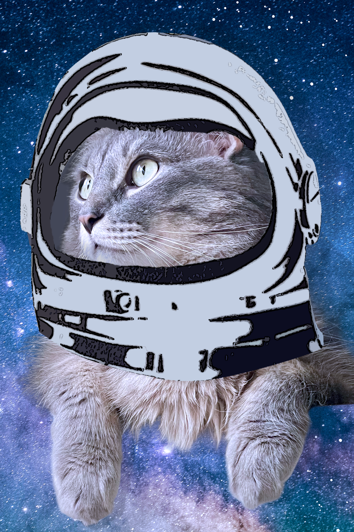 A cat wearing an astronaut helmet in outer space with a starry background.