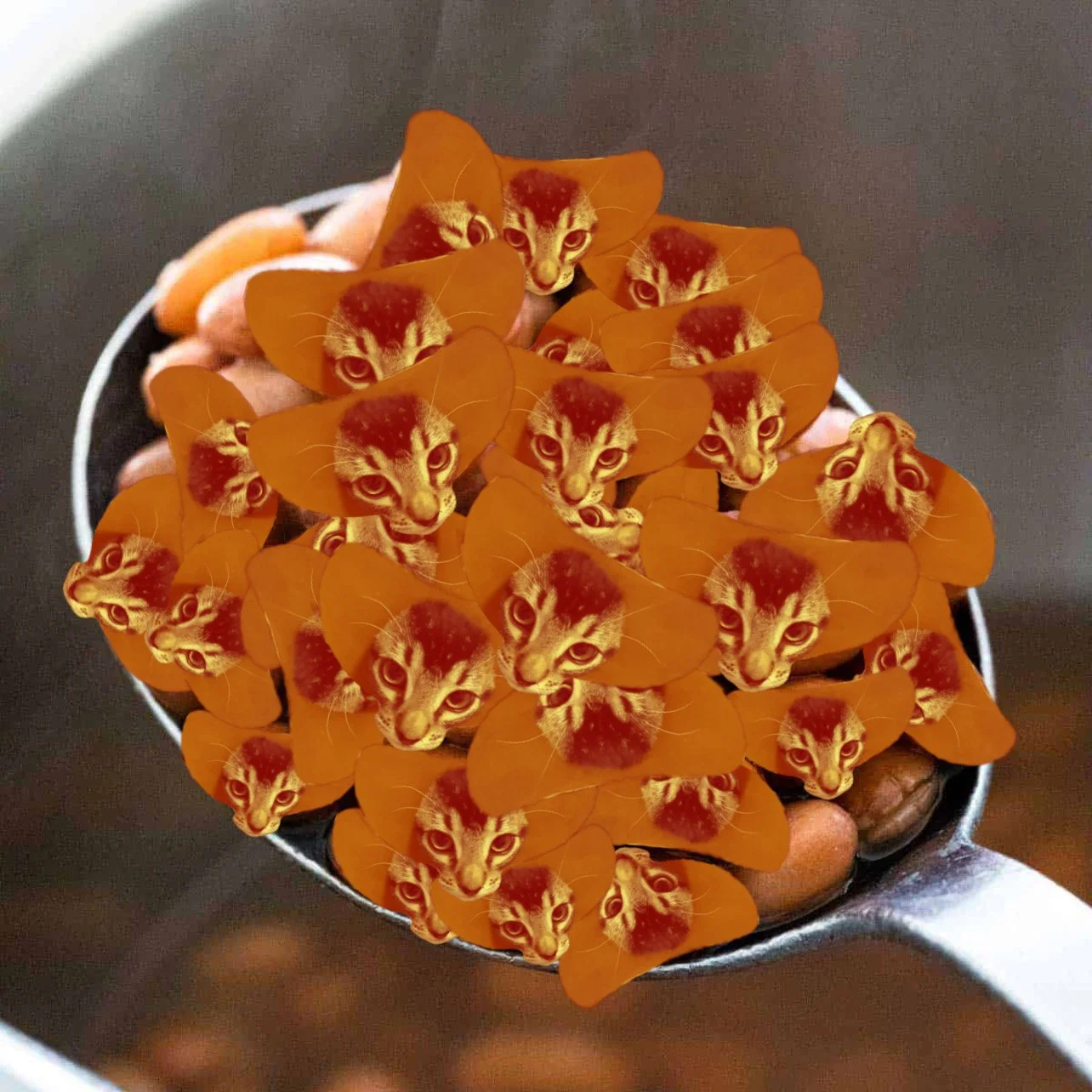 A close-up of a spoon filled with pinto beans, digitally altered to have numerous cat faces with orange fur and expressive eyes, replacing the kidney bean images.