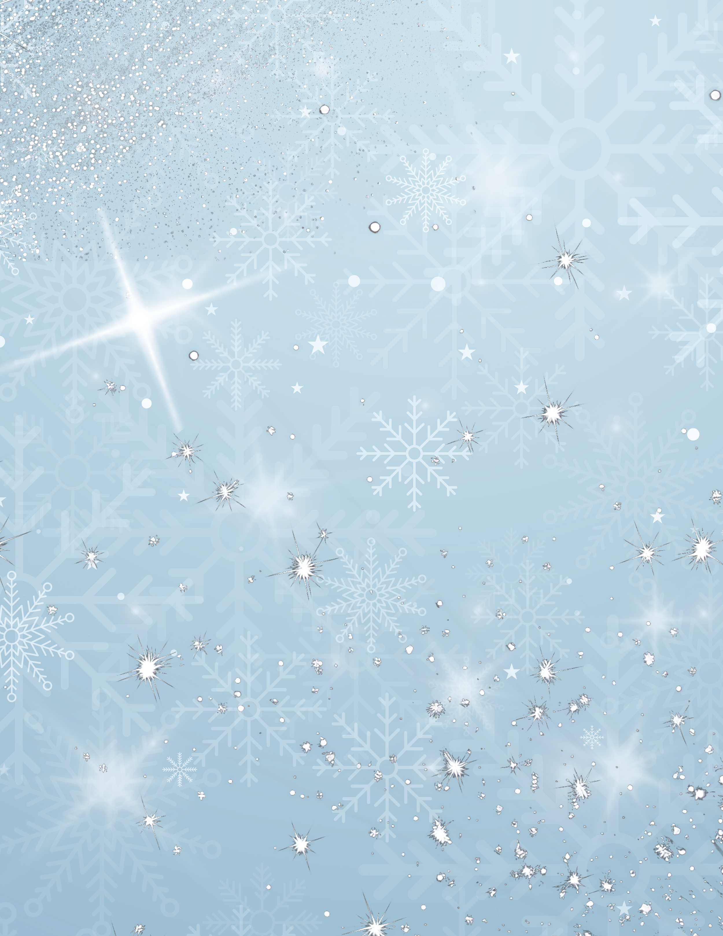 Light blue background with white snowflakes, sparkles, and glitters