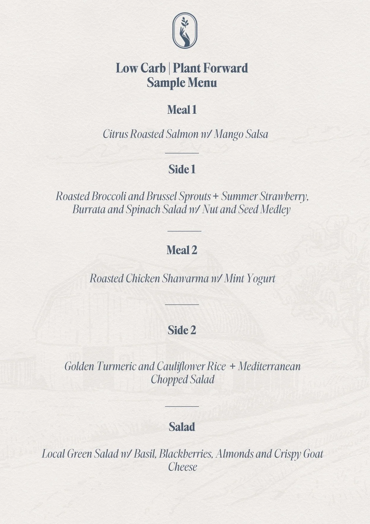 Sample menu for a low carb plant-forward diet, including various meals, sides, and salad options.