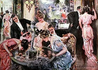 Painting of Gilded Age party. In forefront four women and two men sit and stand around a table, playing a game with apples. In the background, a couple canoodles in the corner and dancers can be seen through a ballroom door.