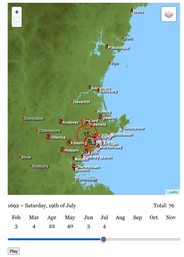 Interactive map of accusations of witchcraft. The timeline is stopped at Saturday, 19th of July, 1692 and the map shows 76 accusations, as far south as Boston and as far north as Wells.