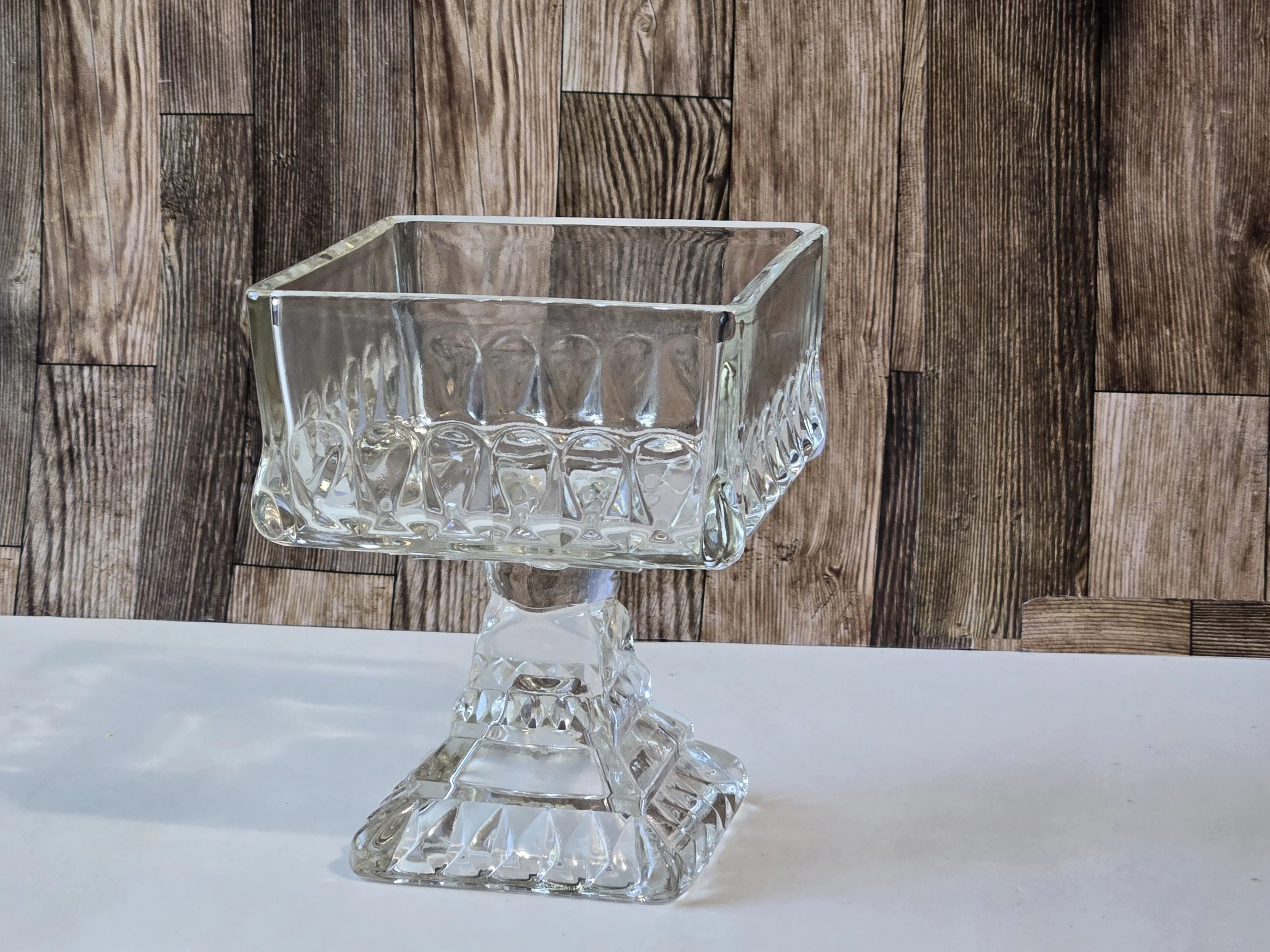 Vintage Jeannette Glass Wedding Box Compote – Clear Depression Glass Candy Dish, Square Pedestal Bowl, 1940s