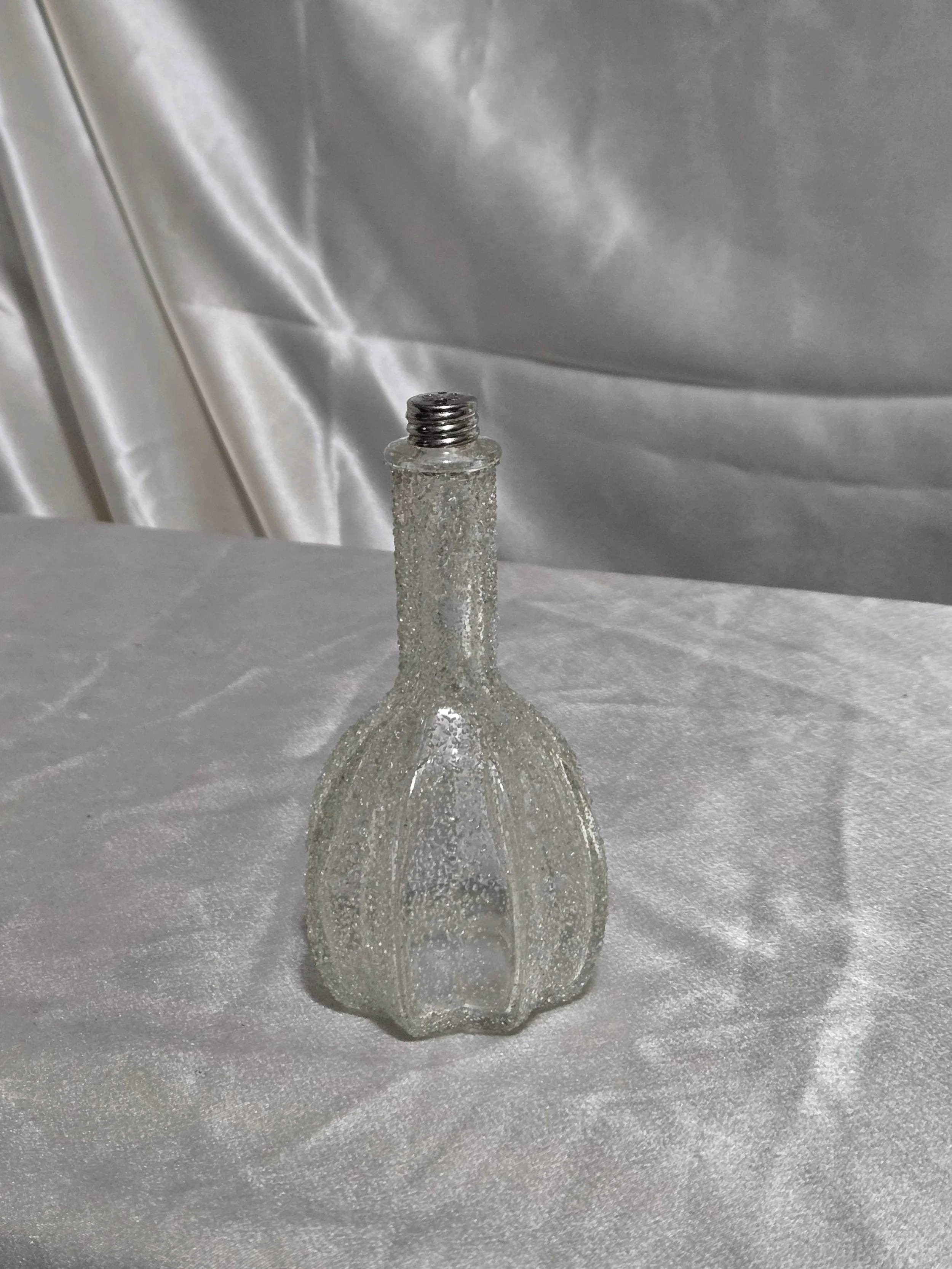 Clear decorative glass vanity bottle, collectible midcentury bud vase