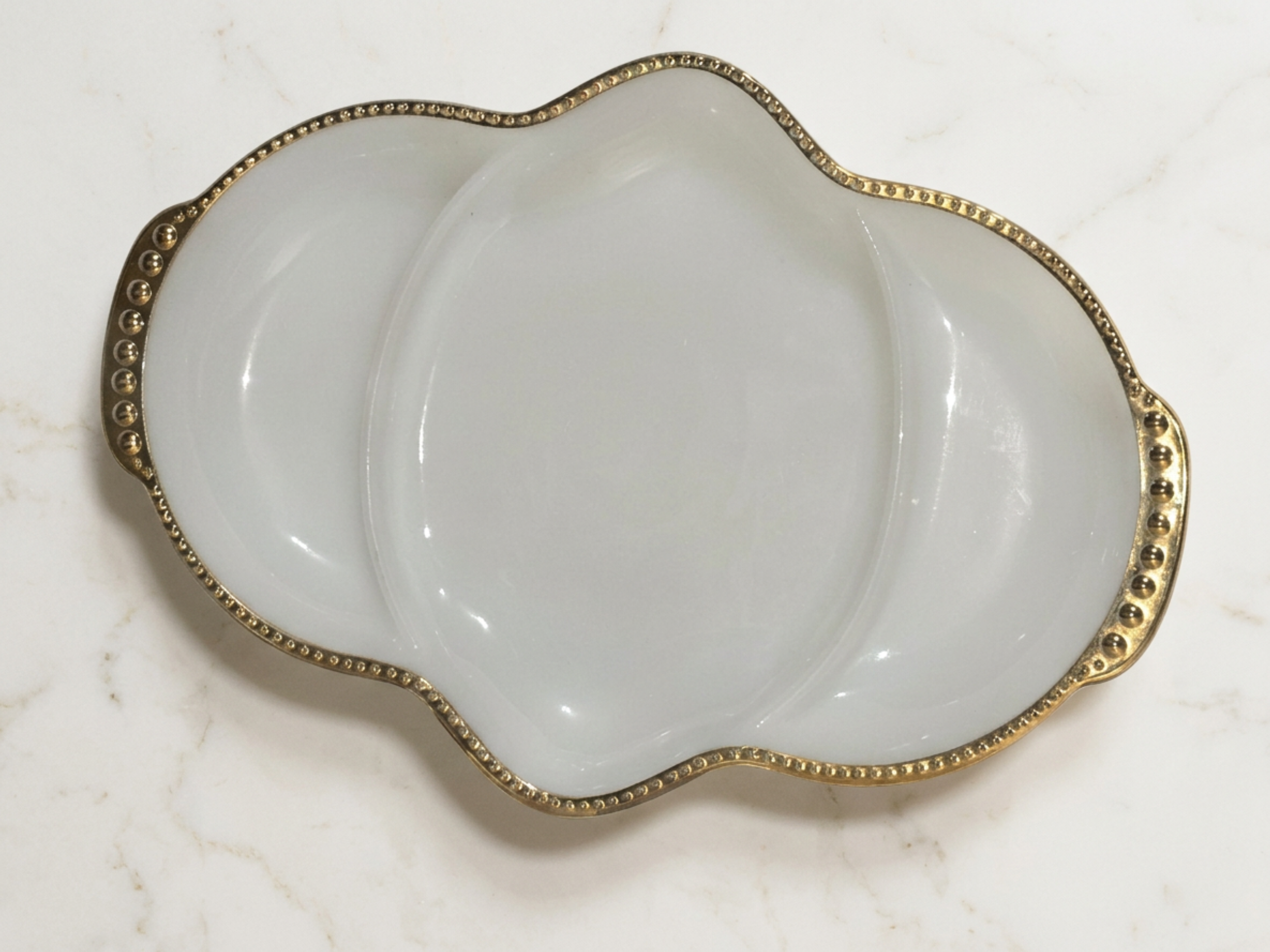 Anchor Hocking Fire-King milk glass divided relish tray, gold trim, mid-century