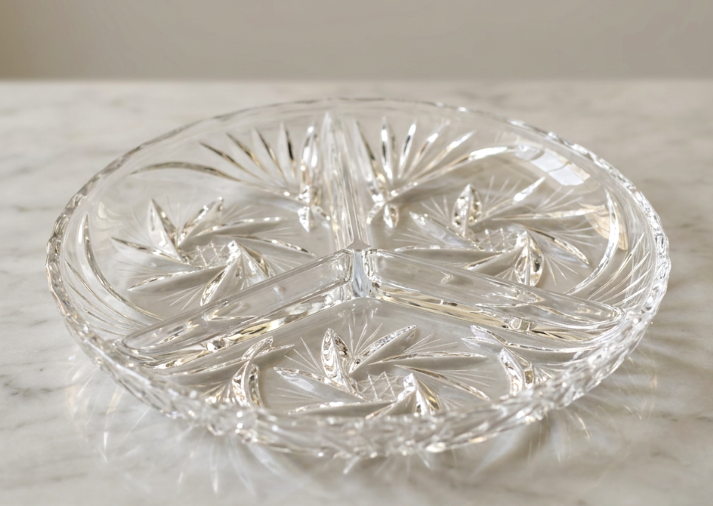 Vintage Cut Crystal 3 Section Relish Tray, Pinwheel Starburst Divided Candy Nut Serving Dish