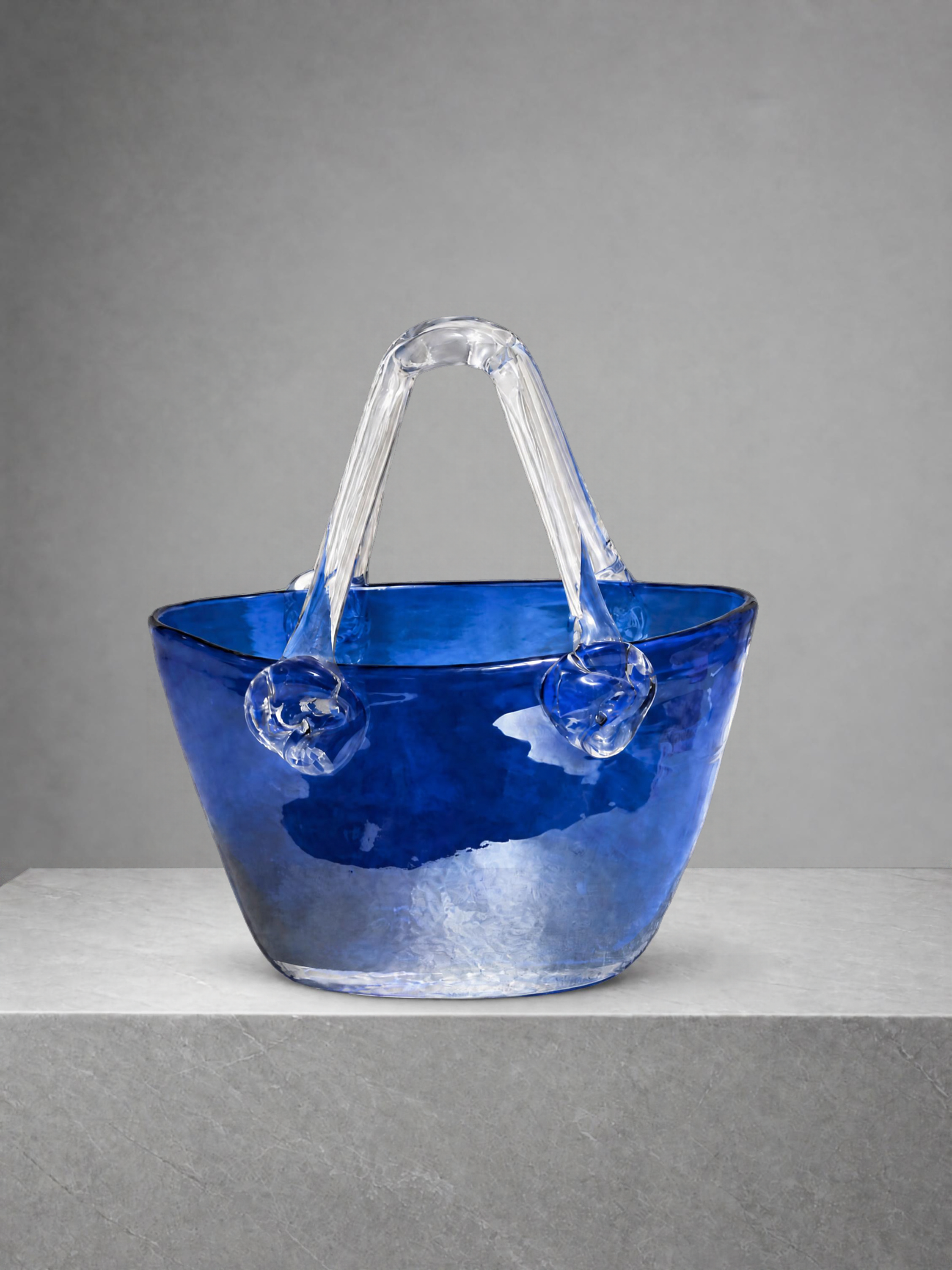 Vintage Cobalt Blue Art Glass Purse, Murano Style Glass Handbag, Decorative Glass Basket