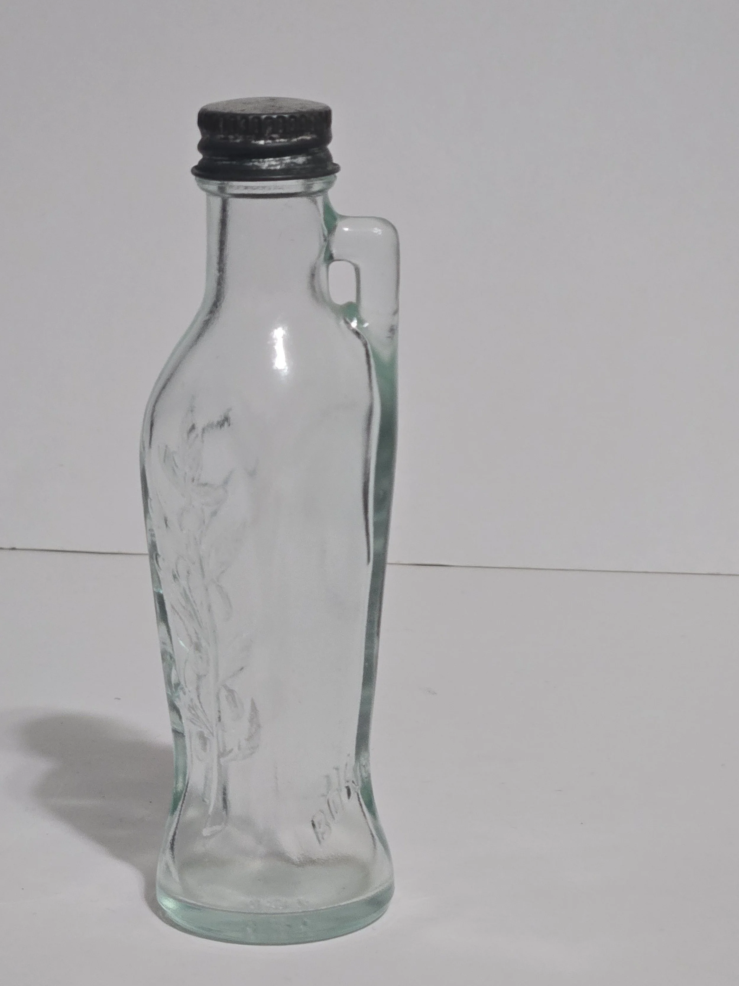 Vintage 1940s Bon Oil Bottle, Embossed Glass Kitchen Bottle with Handle (Aqua Tint)