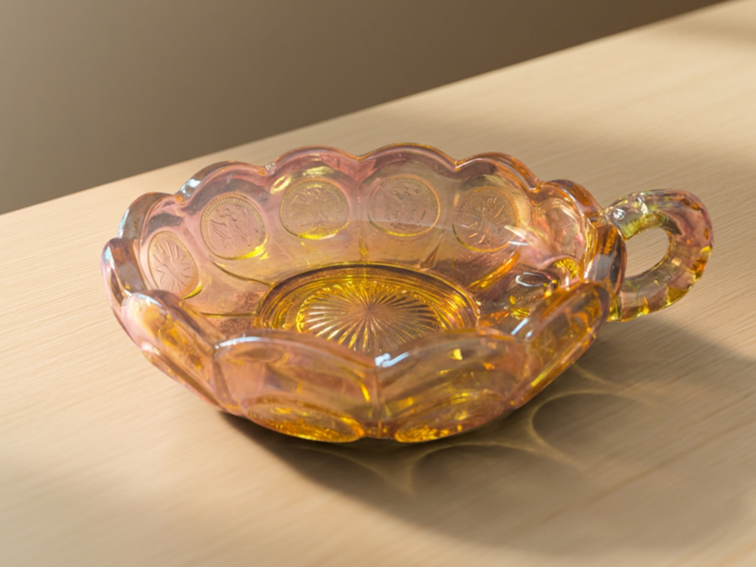 Vintage Fostoria Coin Amber Glass Handled Nappy Dish, Eagle Torch Pattern