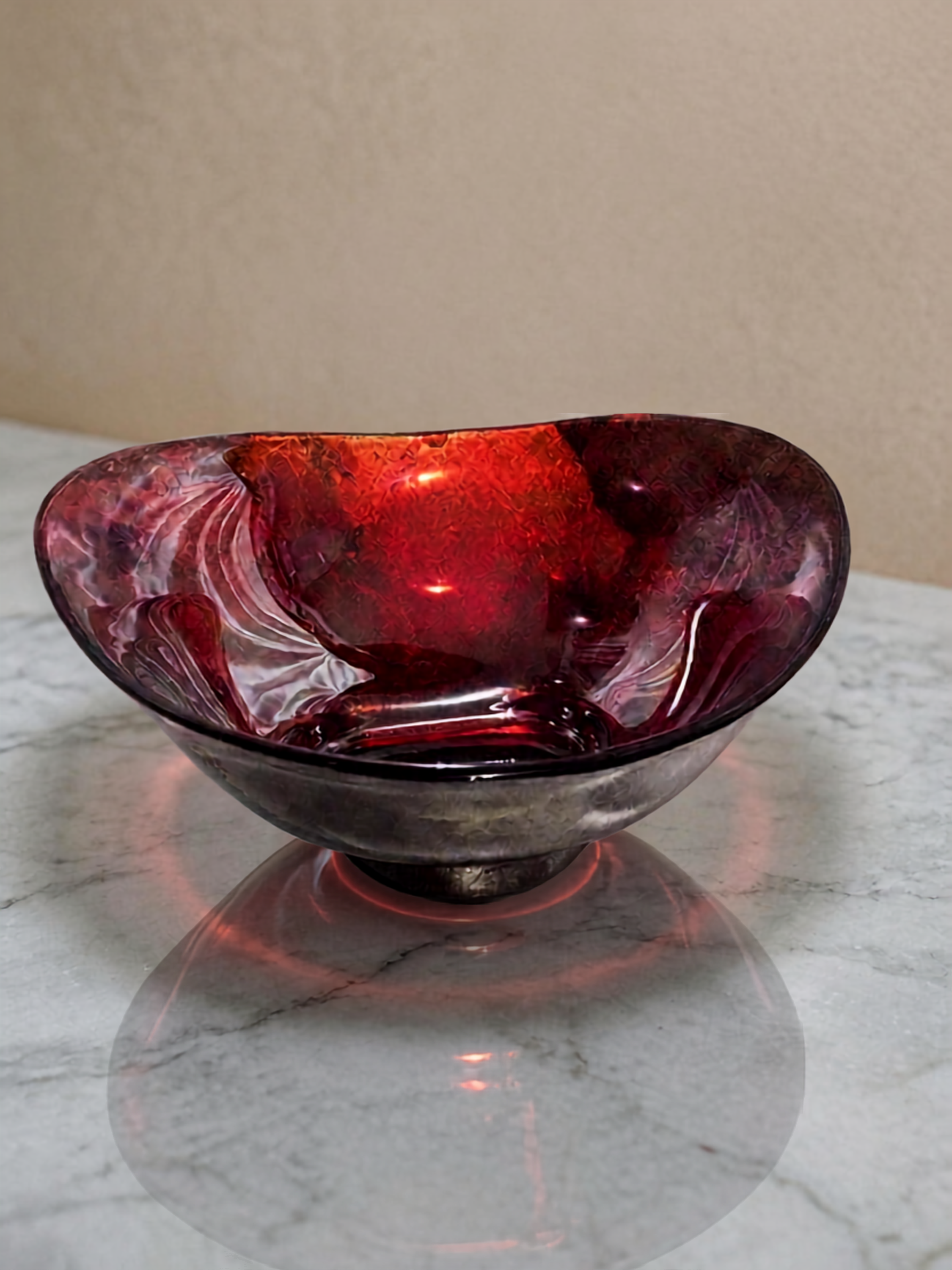 Vintage Cranberry Art Glass Bowl • Ruby Amber Swirl Freeform Centerpiece • Sculptural Murano Style Decor