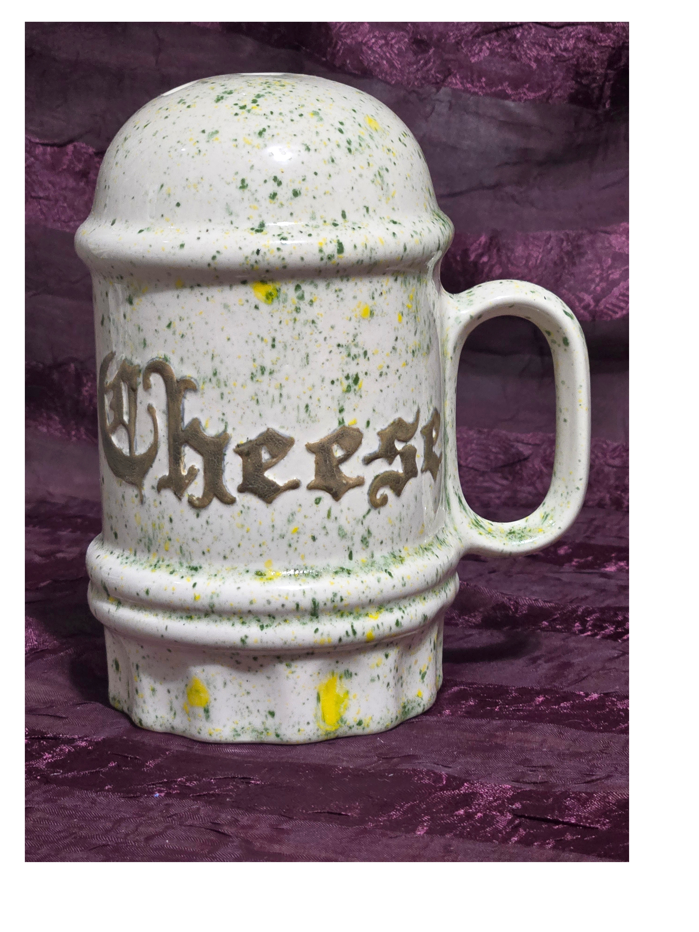 Vintage Speckled Ceramic Parmesan Cheese Shaker with Handle, Retro Kitchen Decor
